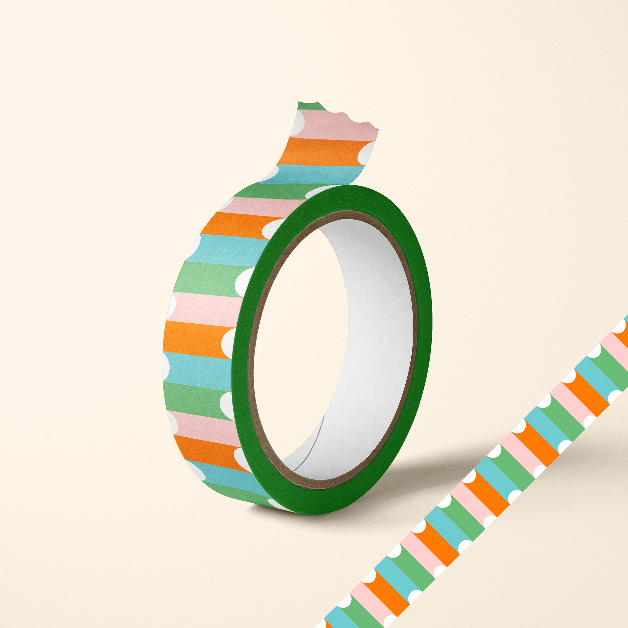 Colorful striped tape with a piece peeled off on a beige background