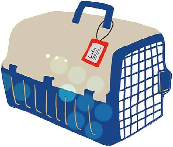 Pet carrier with a blue handle and grid door, featuring a red tag on a white background.