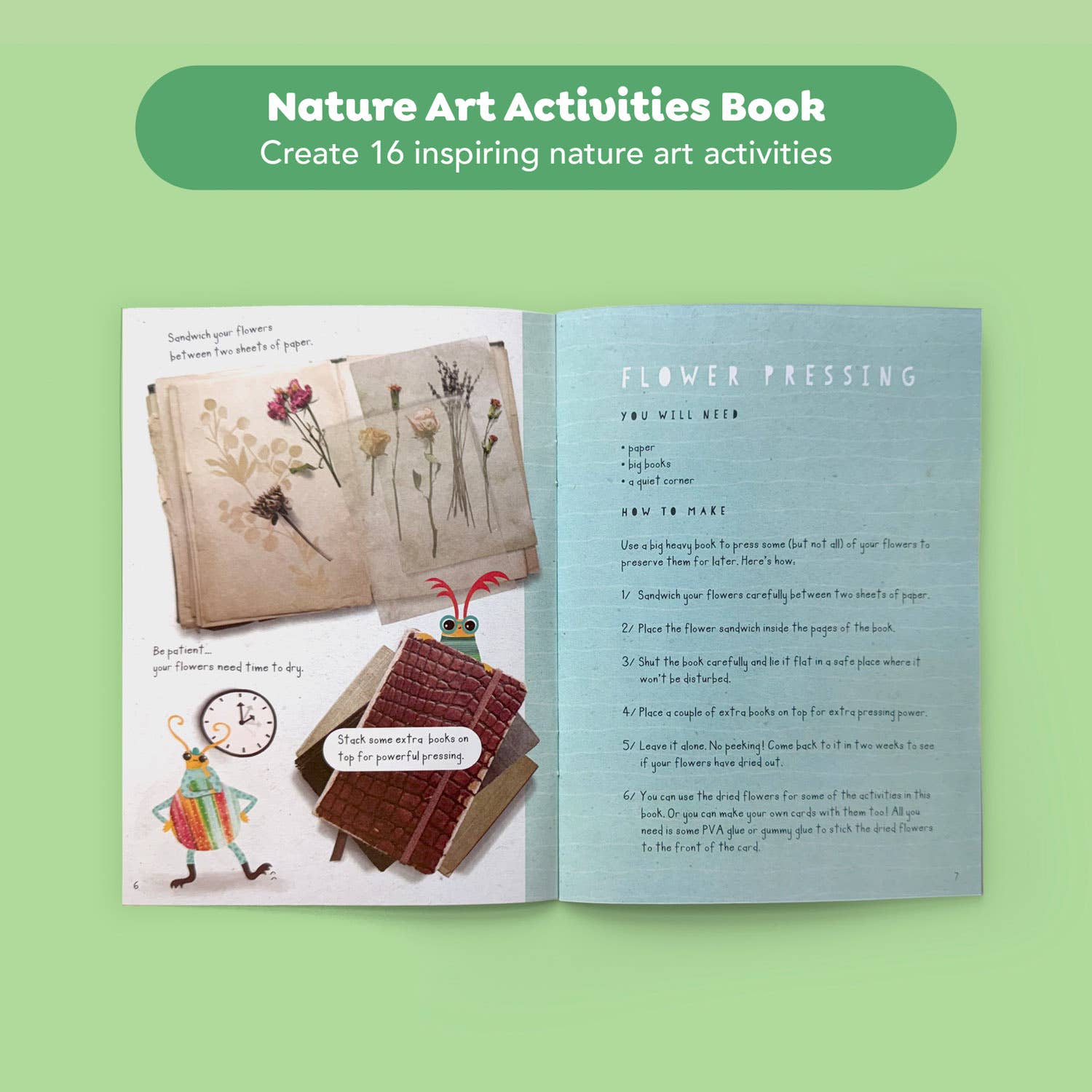 Nature Art Activities Book open to a page with instructions and illustrations on a green background