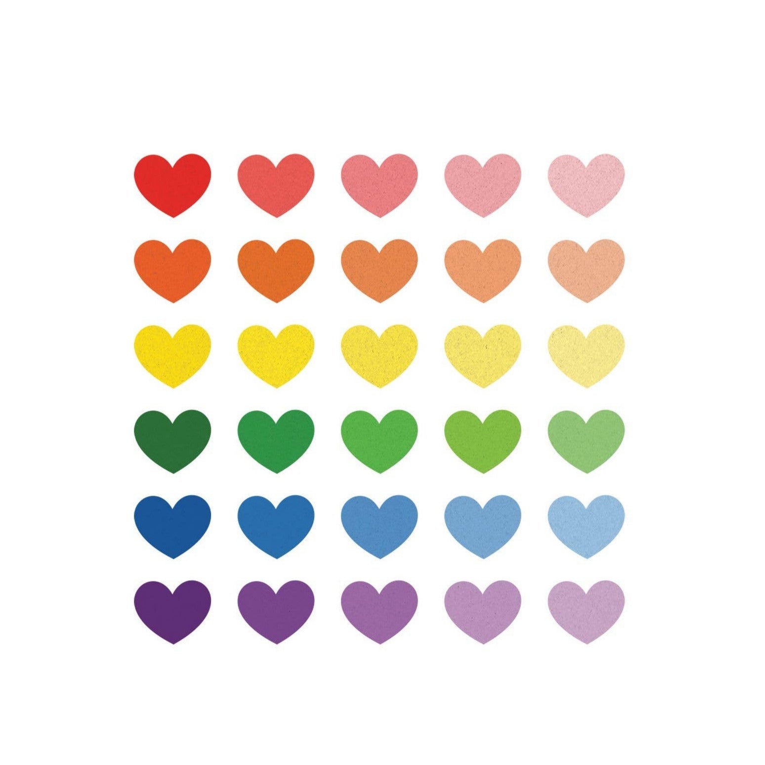 Colorful heart-shaped tattoos arranged in a grid on a white background