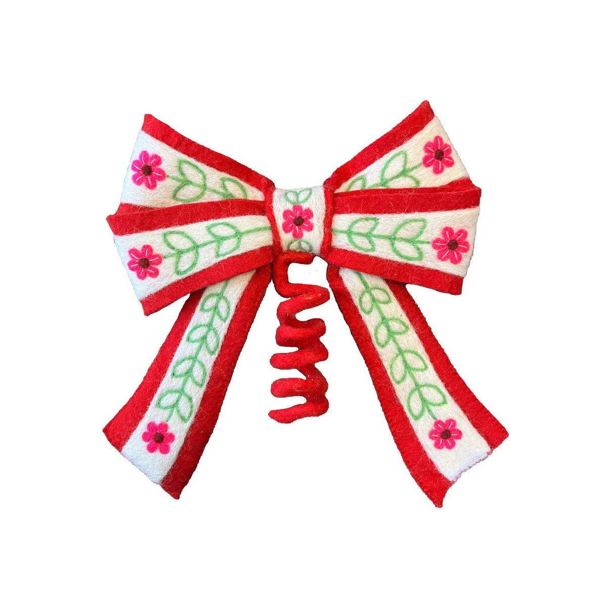 Decorative bow with red, white, and pink design on a white background