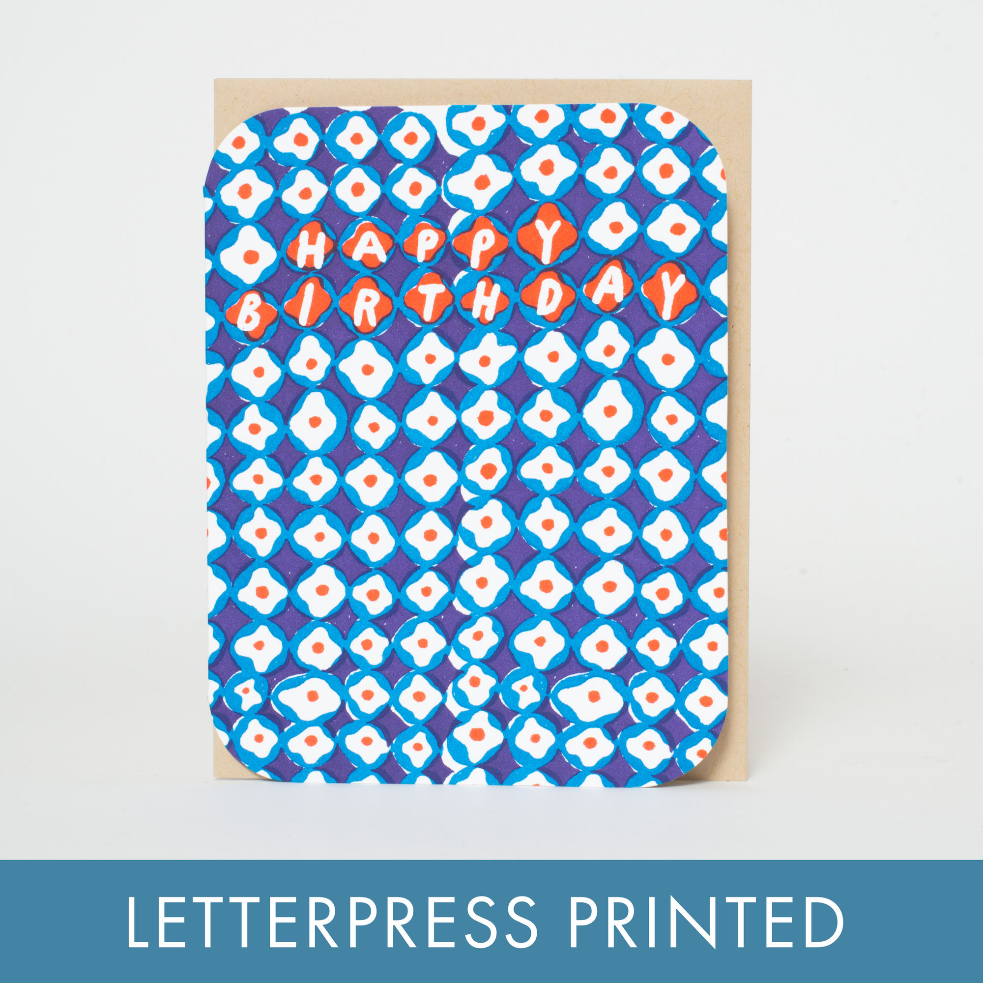 Birthday card with geometric pattern and 'Happy Birthday' text on a white background