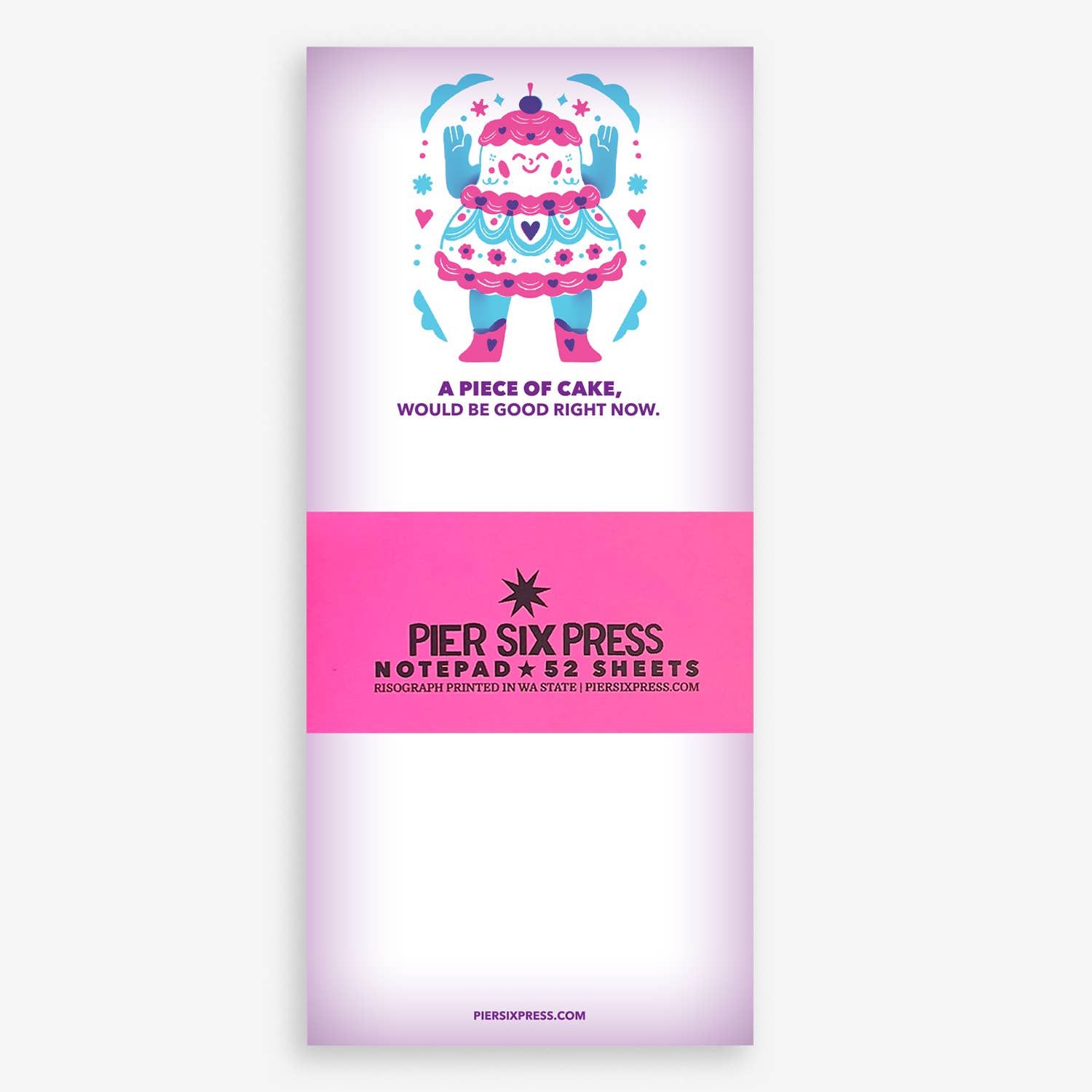Notepad with cartoon cake character and text on a purple and pink background