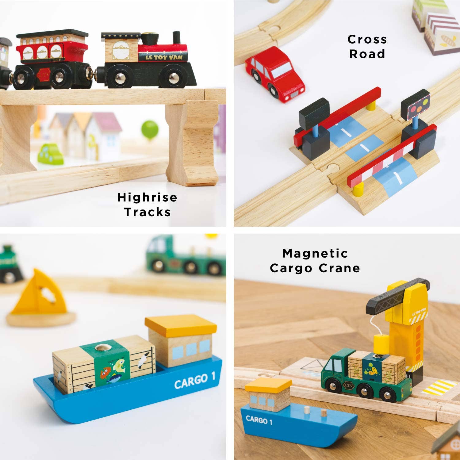 Wooden toy train set with highrise tracks, cross road, magnetic cargo crane, and cargo ship.