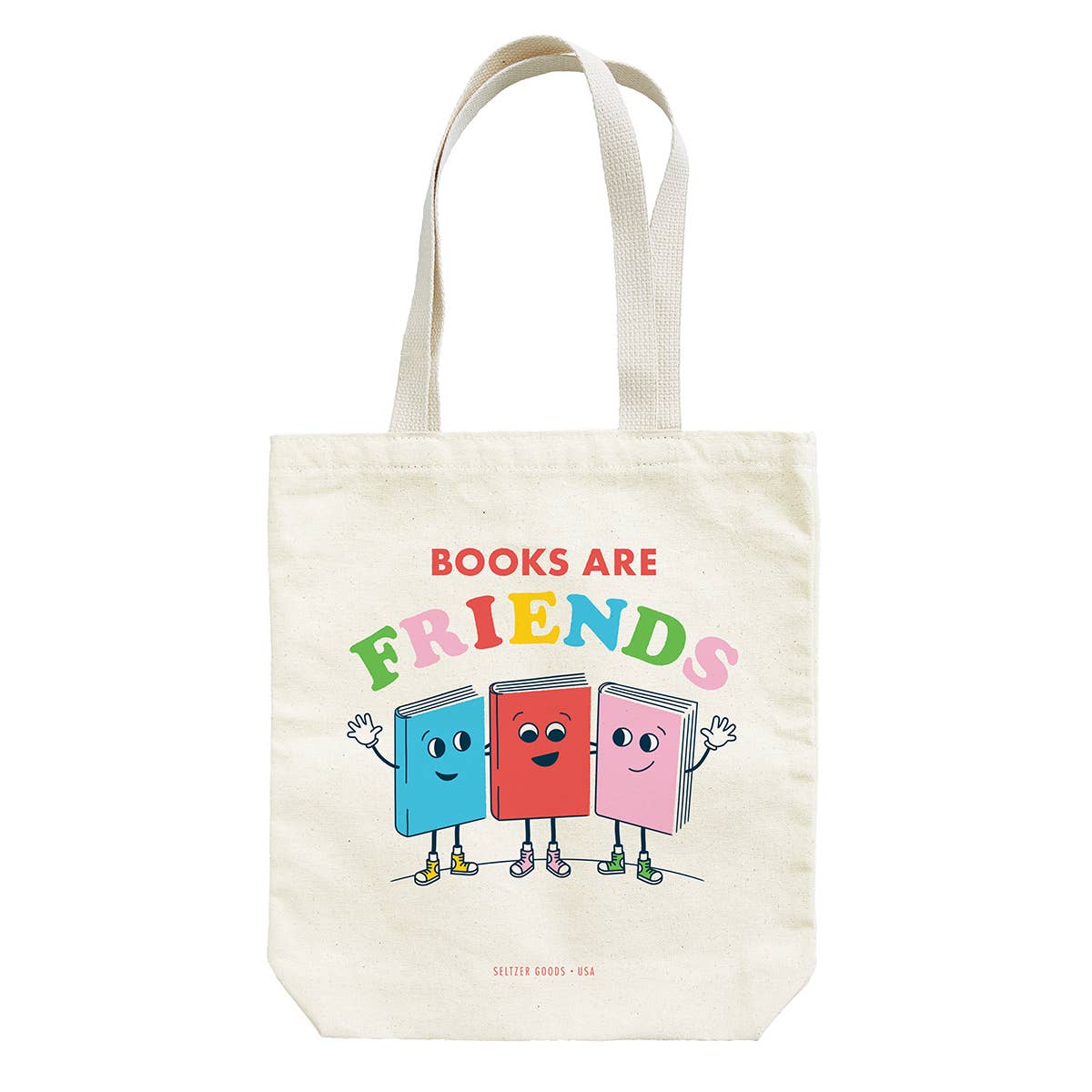 Tote bag with cartoon books and 'Books are Friends' text on a white background