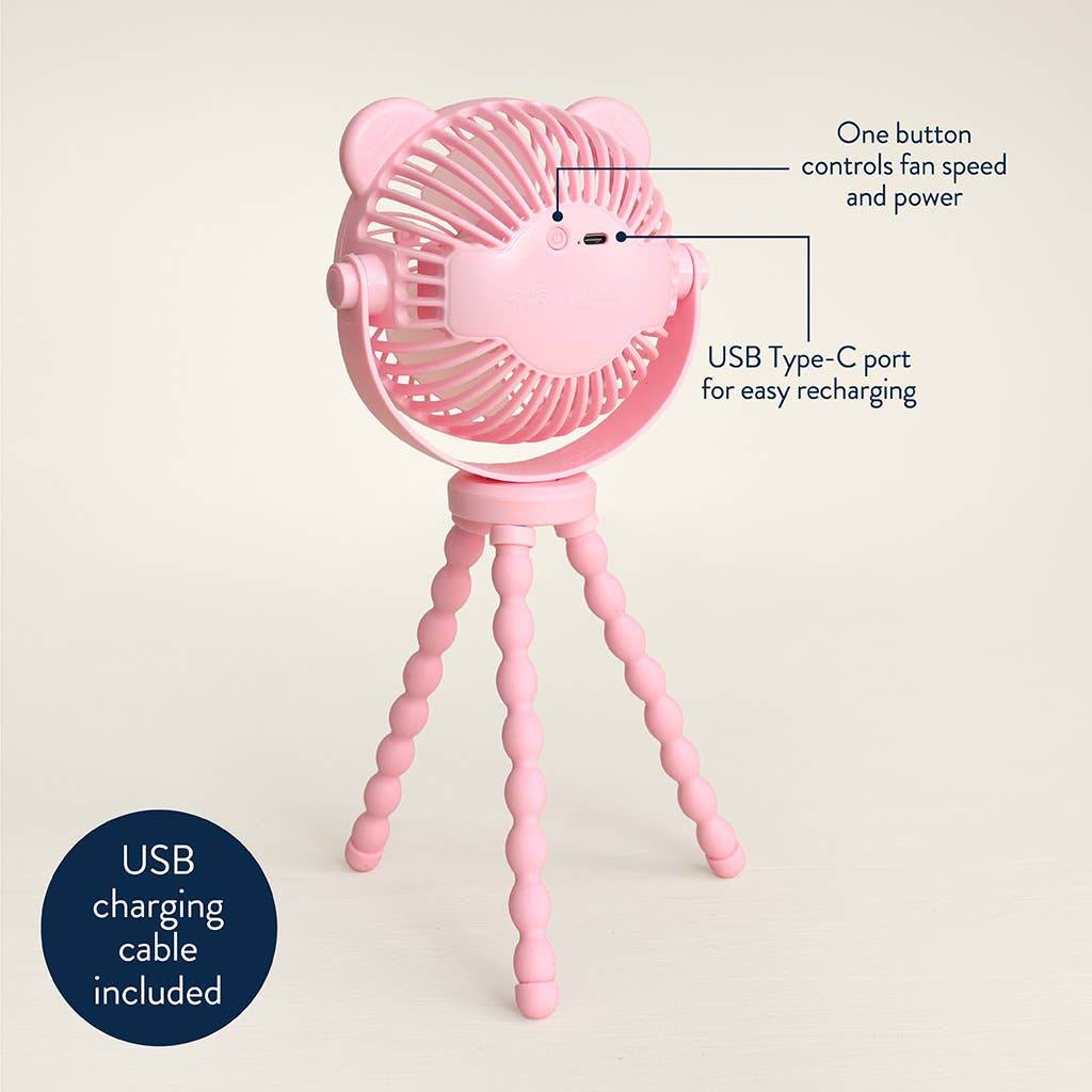 Pink fan with features highlighted on a beige background