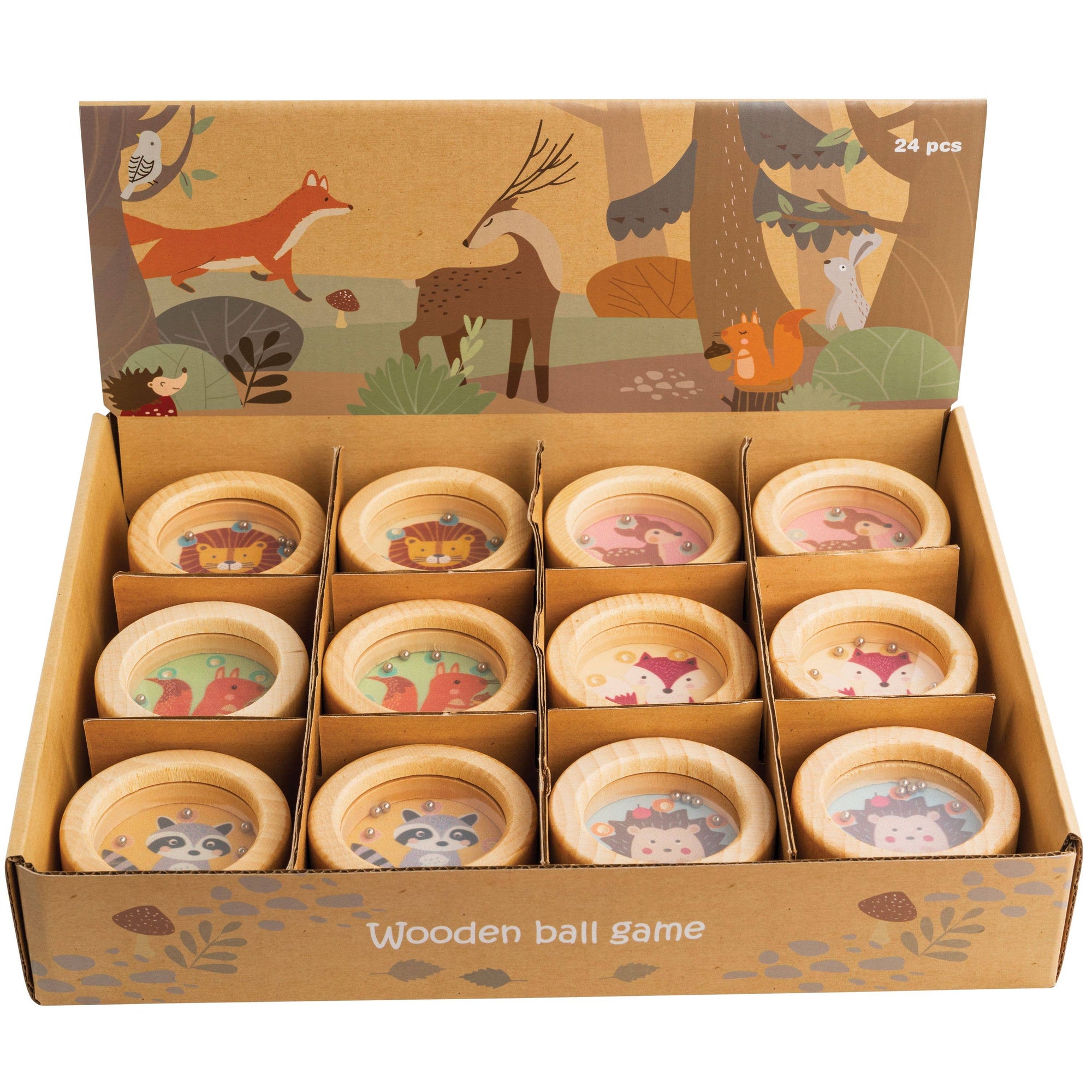 Box of wooden ball games with forest design on packaging