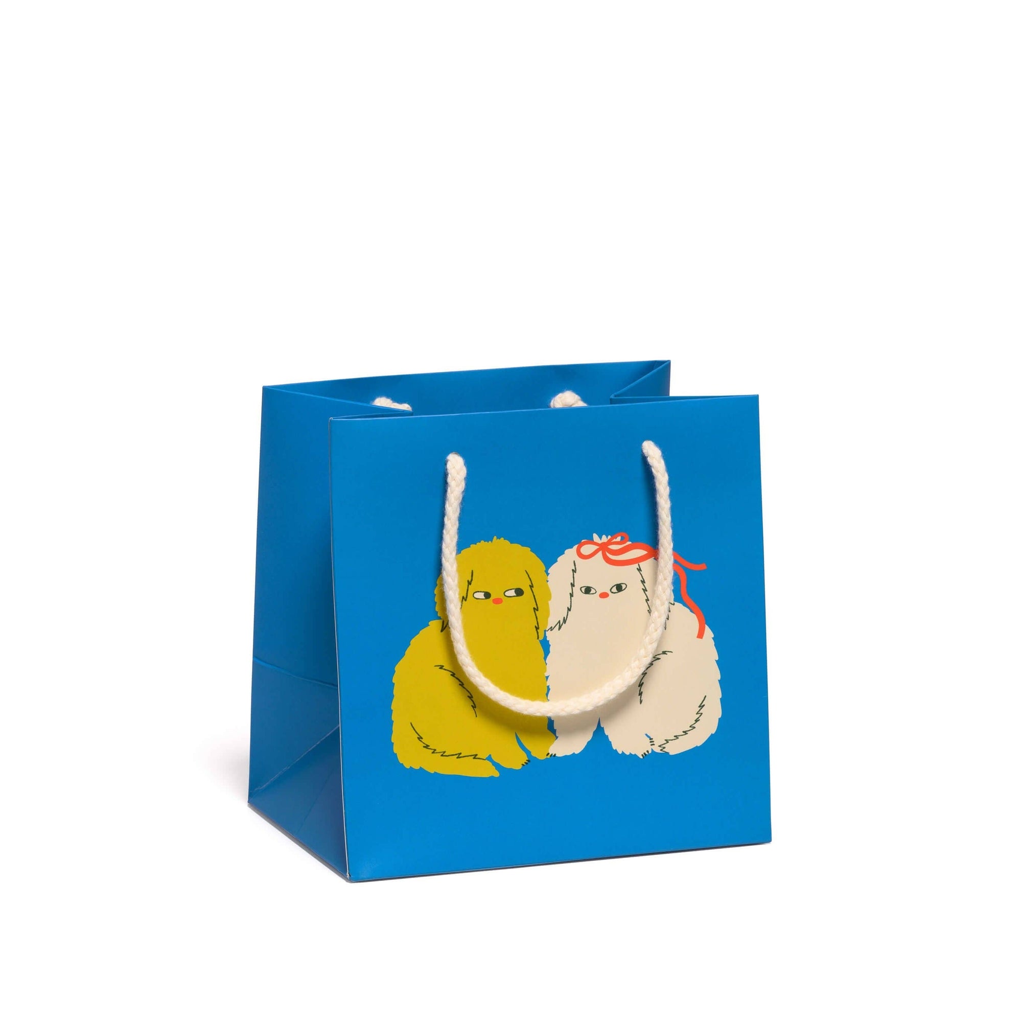 Blue gift bag with cartoon characters on a white background