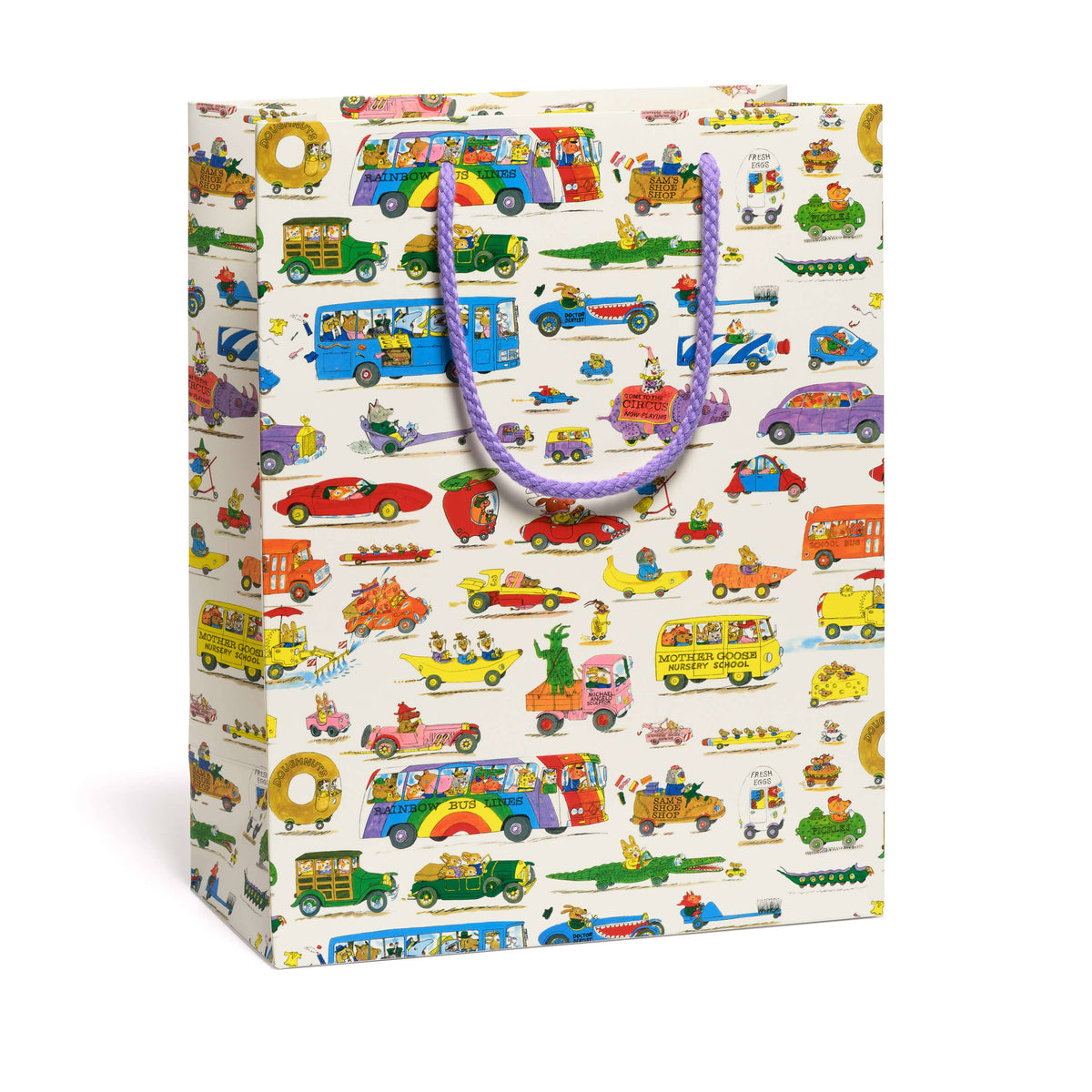 Gift bag with colorful vehicle pattern on a white background