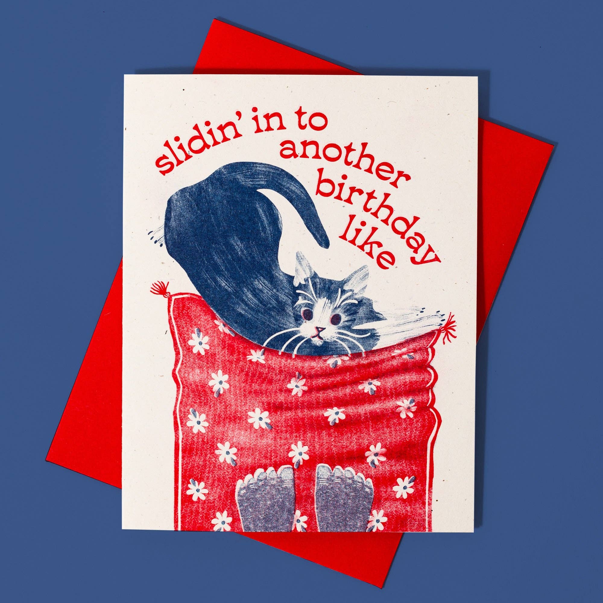 Birthday card with a cat peeking out from under a blanket, text 'slidin' in to another birthday like', on a red envelope against a blue background.