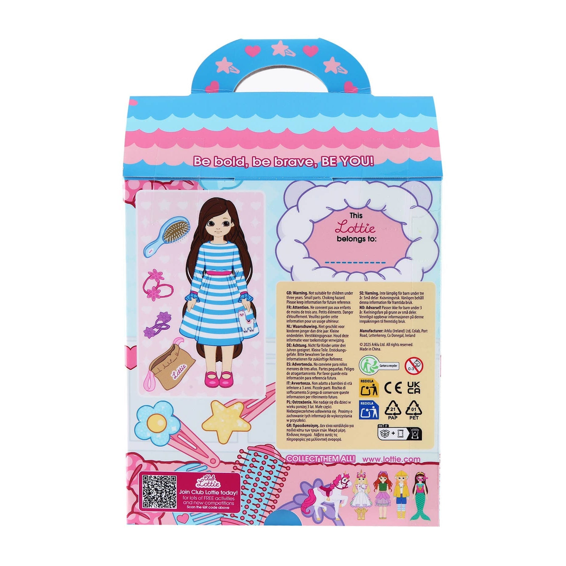 Packaging of a doll with accessories on a white background