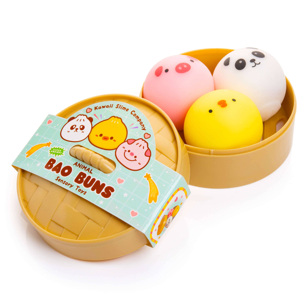 Kawaii animal bao buns in a yellow container with a green label on a white background