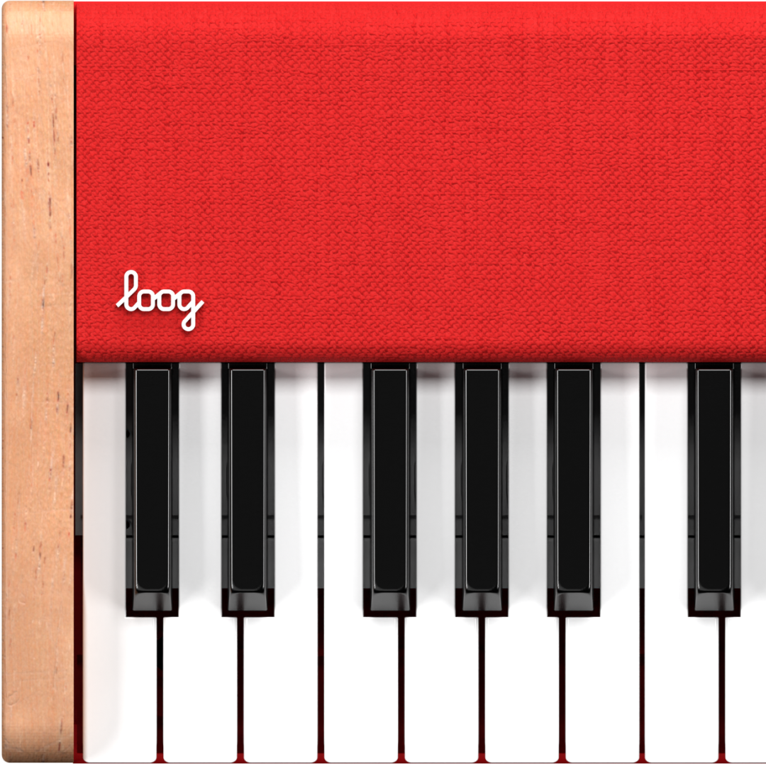 Red keyboard with black keys on a white background, featuring the brand 'loog'.