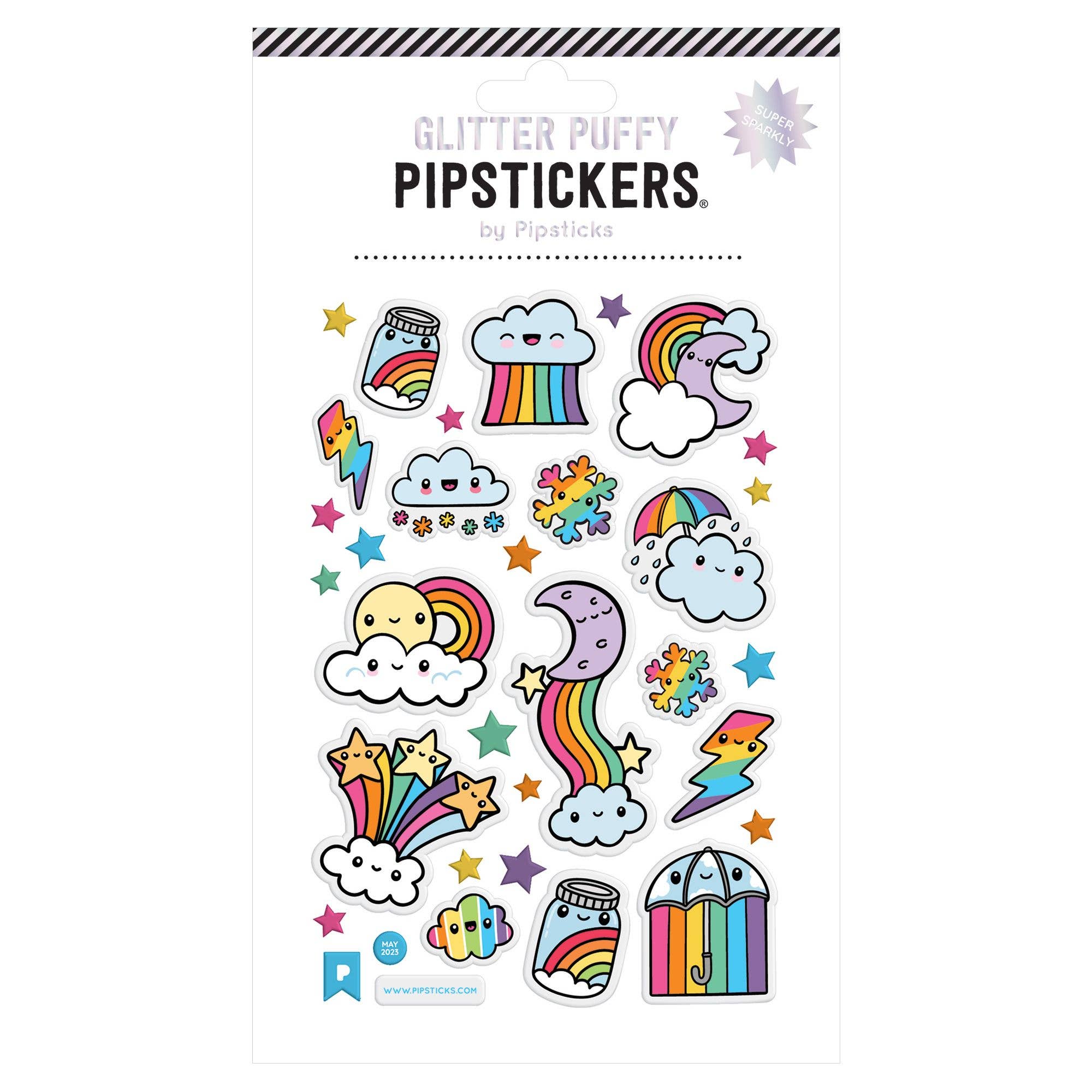 Glitter puffy Pipstickers with colorful designs on a white background