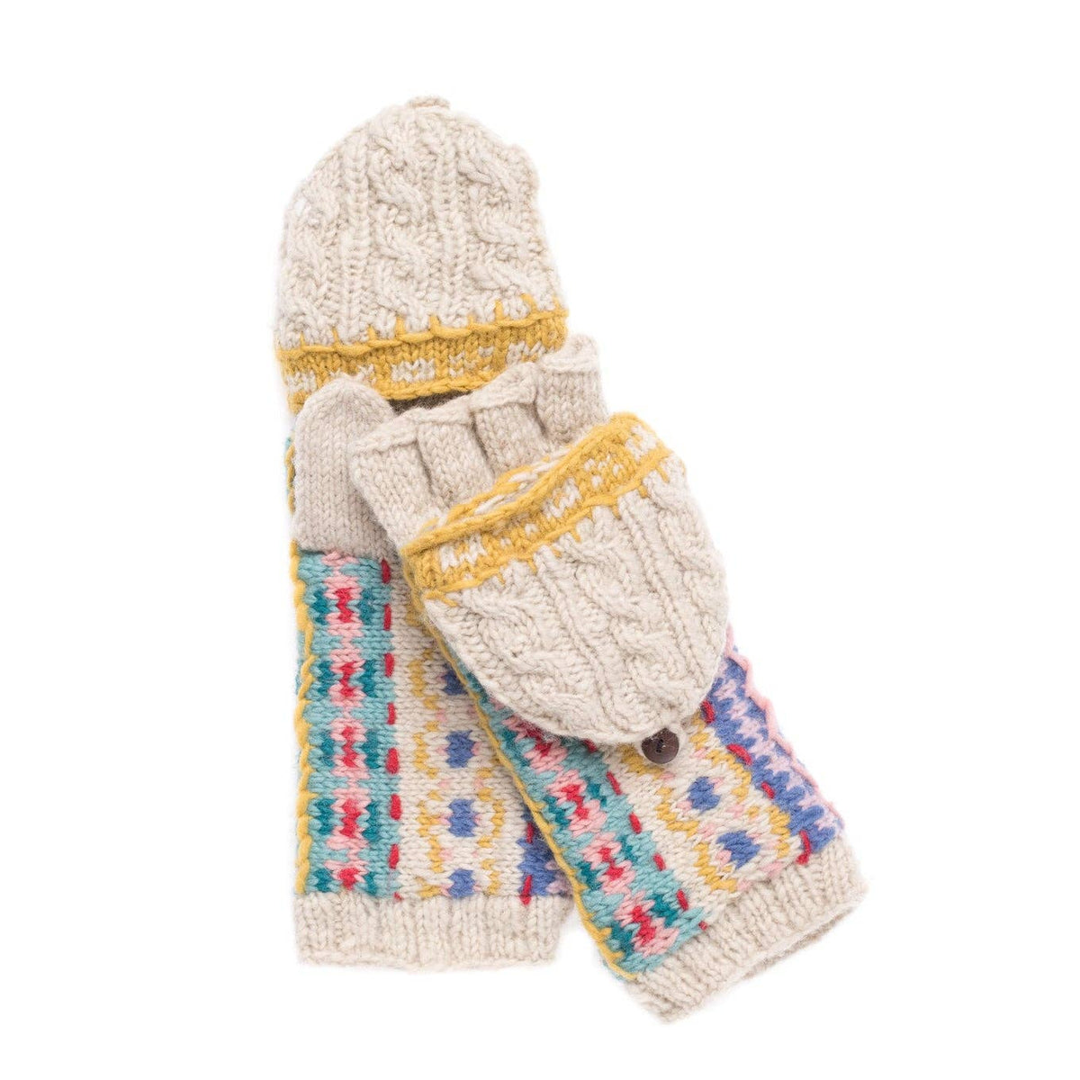 A pair of cream-colored cable-knit mittens with yellow and multicolor patterned cuffs, displayed on a clean white background.