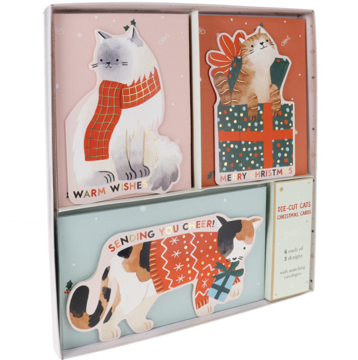 Set of Christmas-themed cat cards in a box