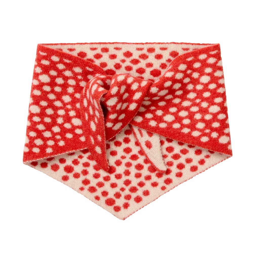 Red and white polka dot headband on a white background