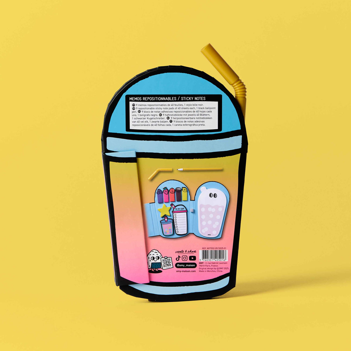 Colorful stationery set shaped like a coffee cup on a yellow background