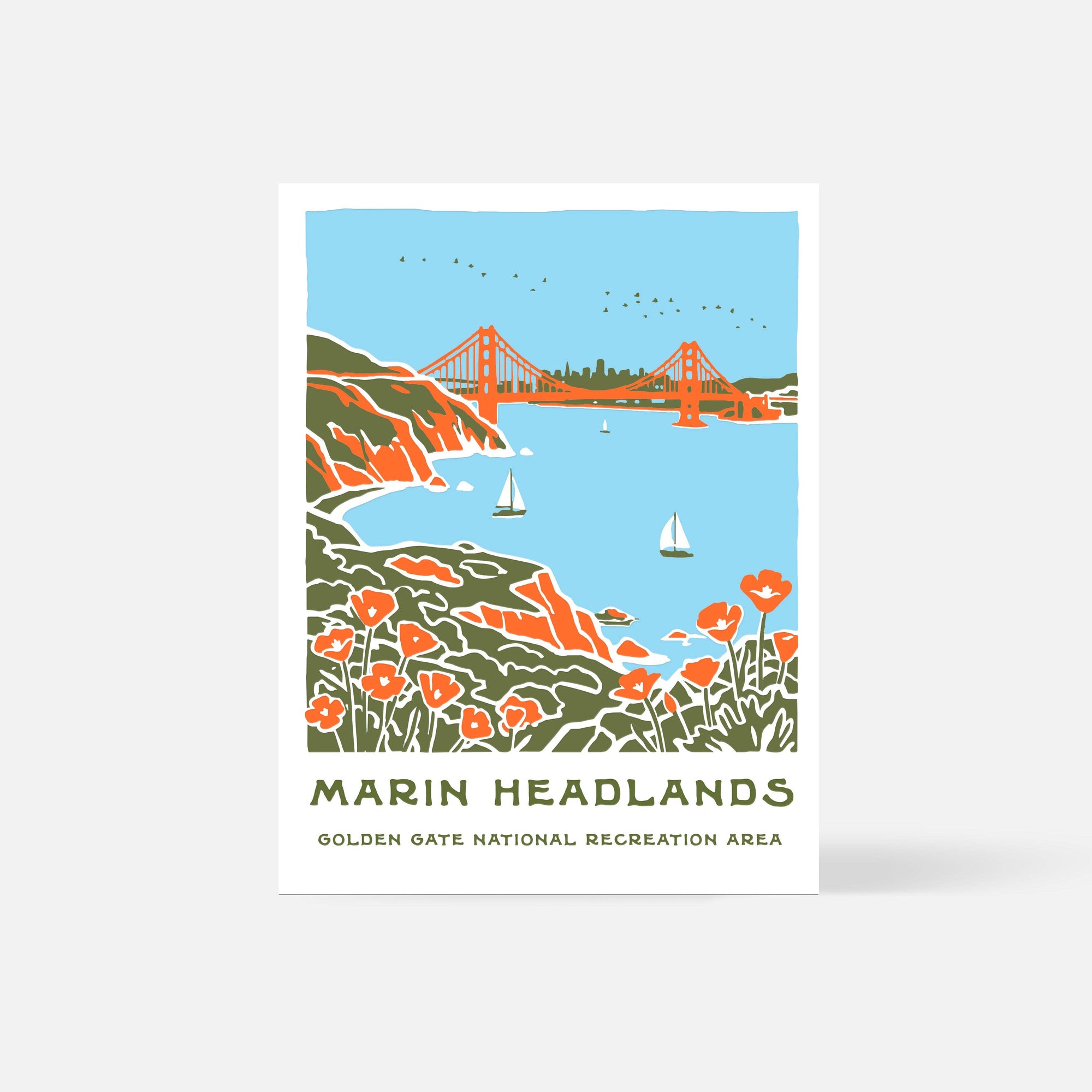 Illustration of Marin Headlands with a bridge and scenic landscape on a white background