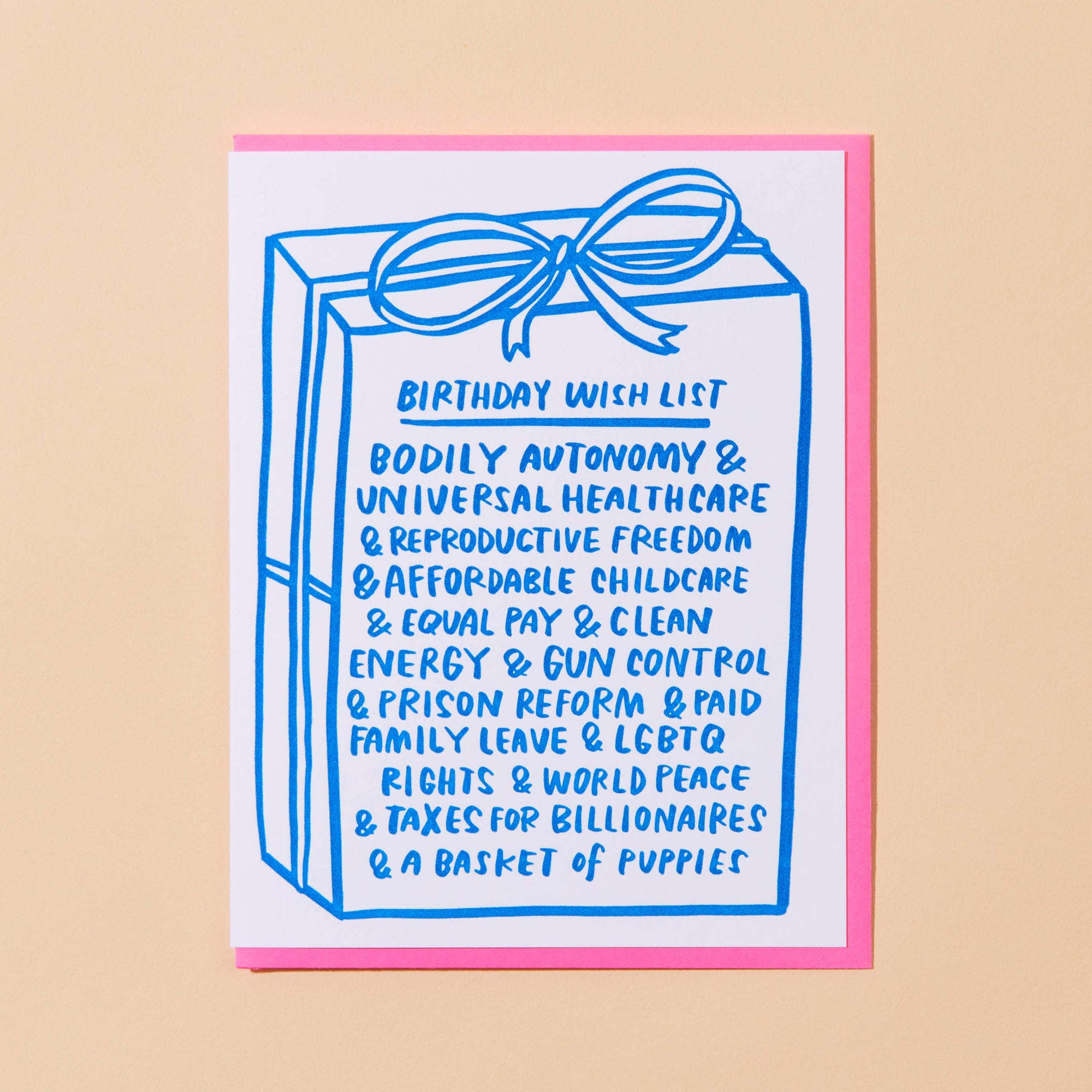 Card with blue text and a pink border on a beige background