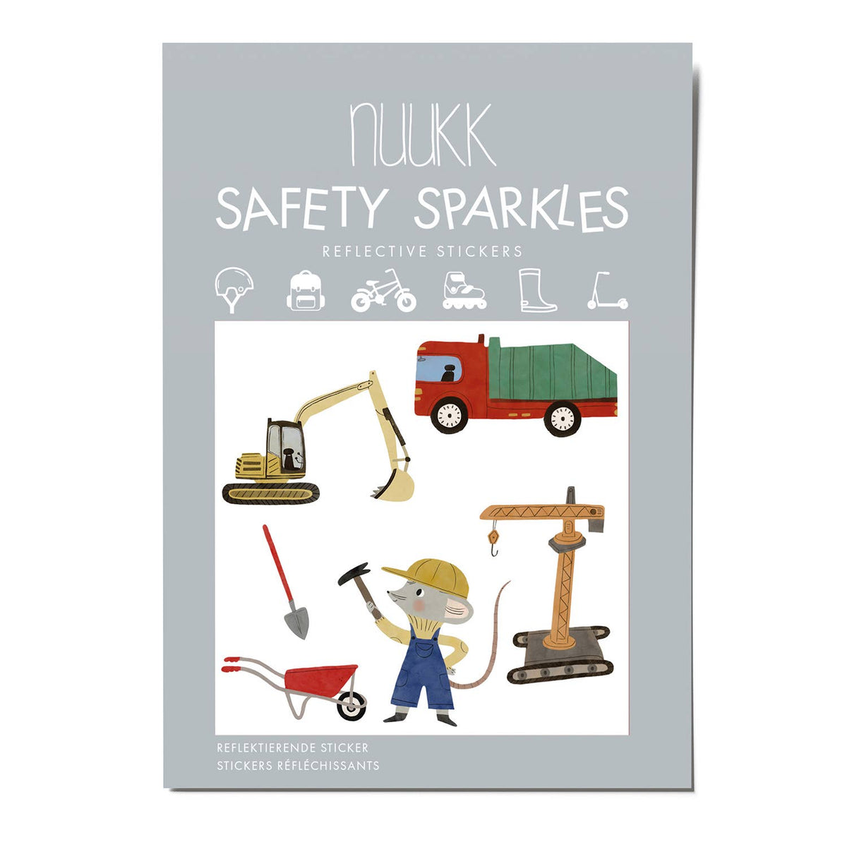 Packaging of Nukk Safety Sparkles reflective stickers with illustrations on a light gray background