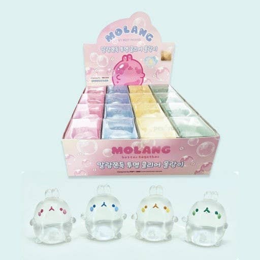 Molang figurines with packaging on a light blue background