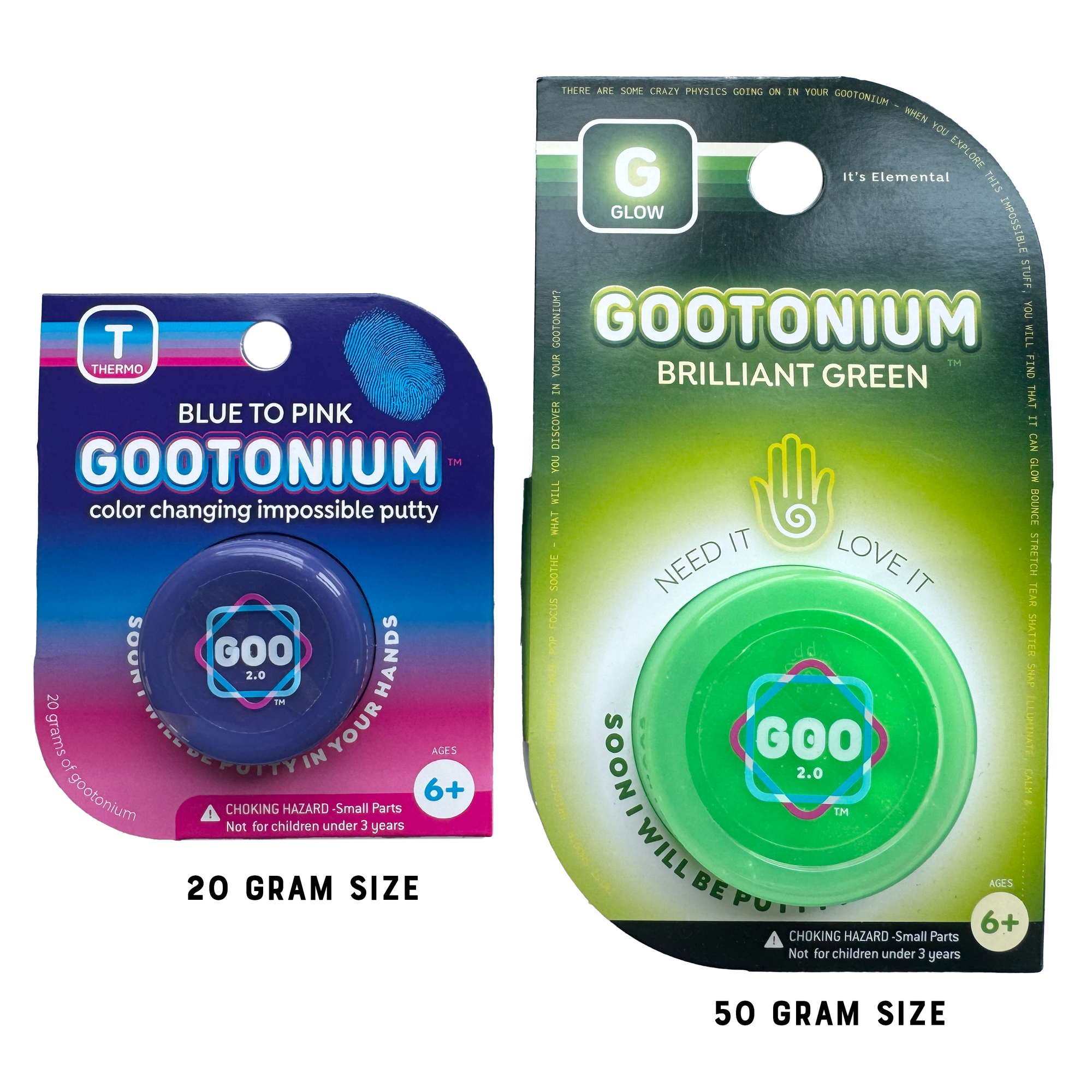 Two packages of Gootonium putty, one blue to pink and the other brilliant green, on a white background.