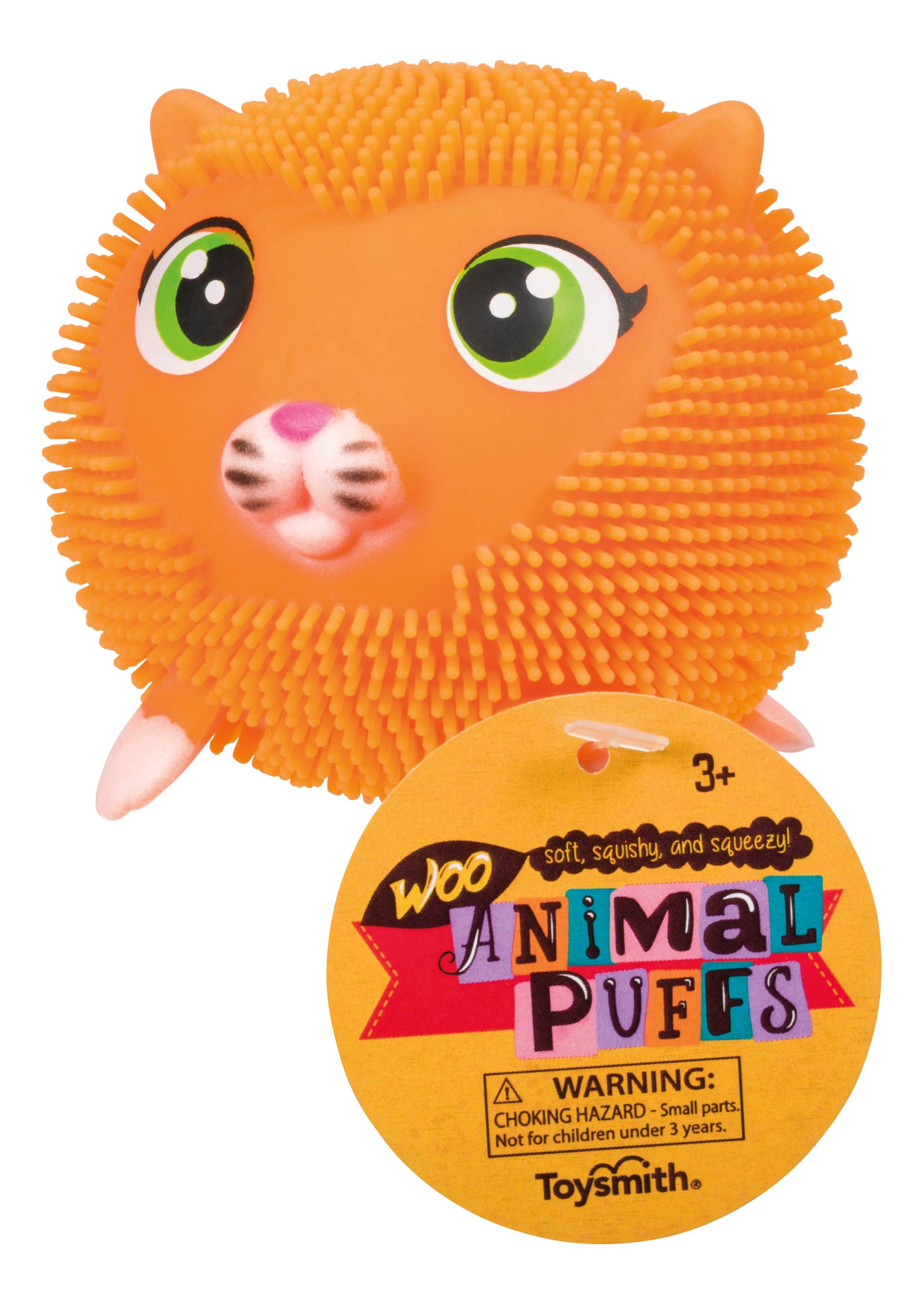 Orange animal puff toy with a tag indicating it is from Toysmith.
