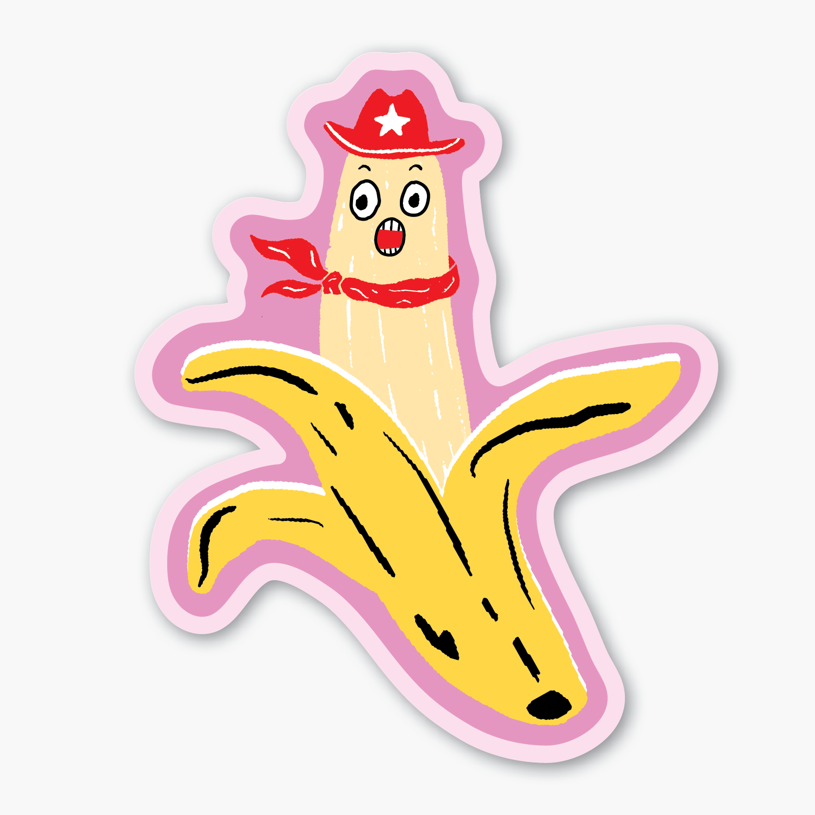 Cartoon banana character with a red bandana and hat on a white background