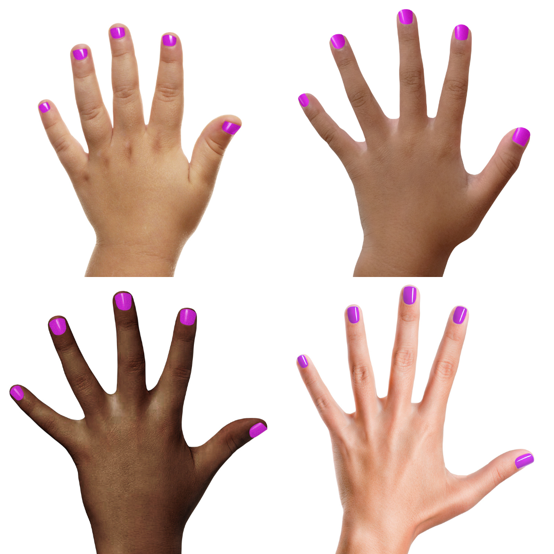Four hands with purple nail polish on a white background