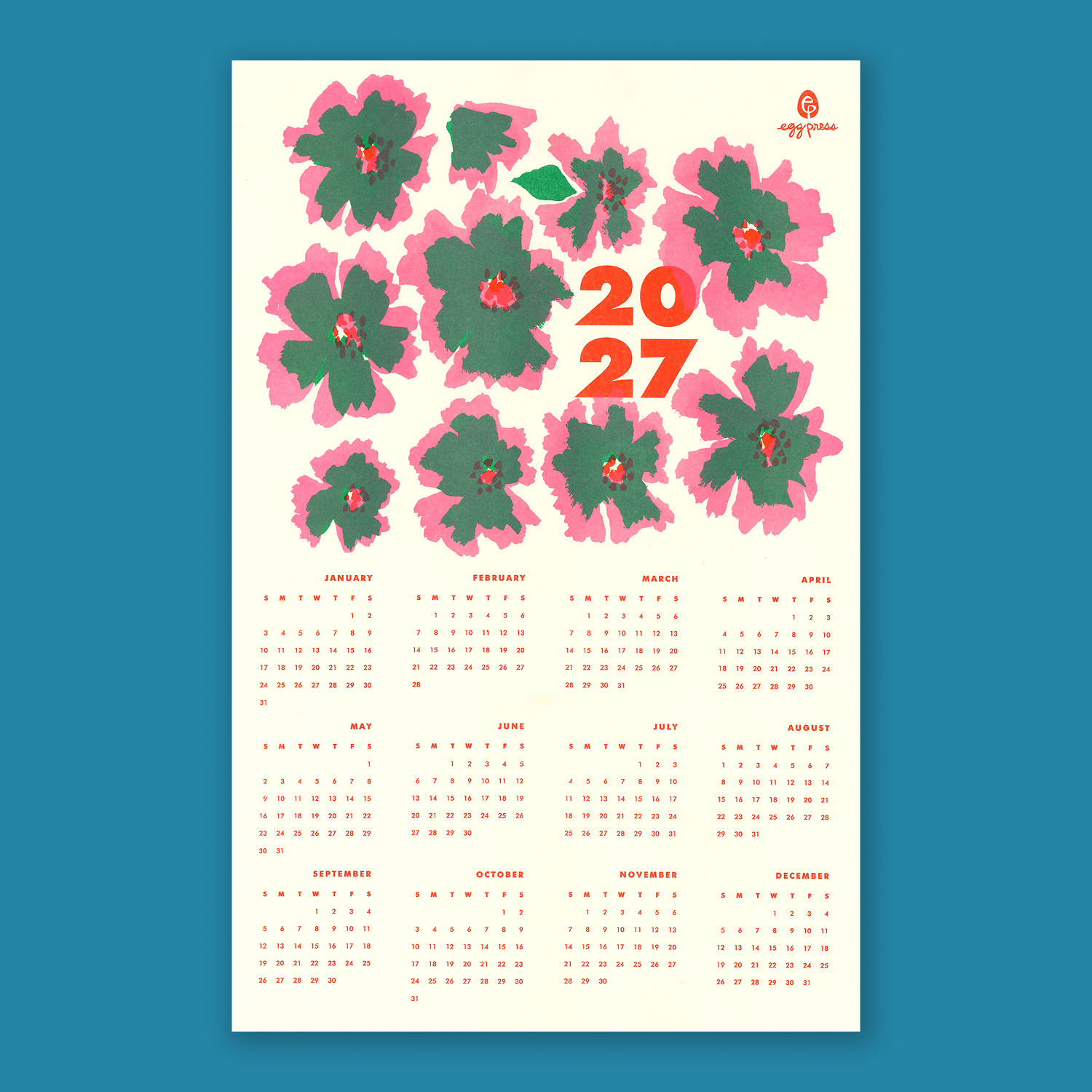 A vertical 2027 calendar poster featuring a cream background with pink and green hibiscus floral illustrations, large orange-red '2027' text, and monthly grids in orange-red at the bottom, shown against a solid blue background.