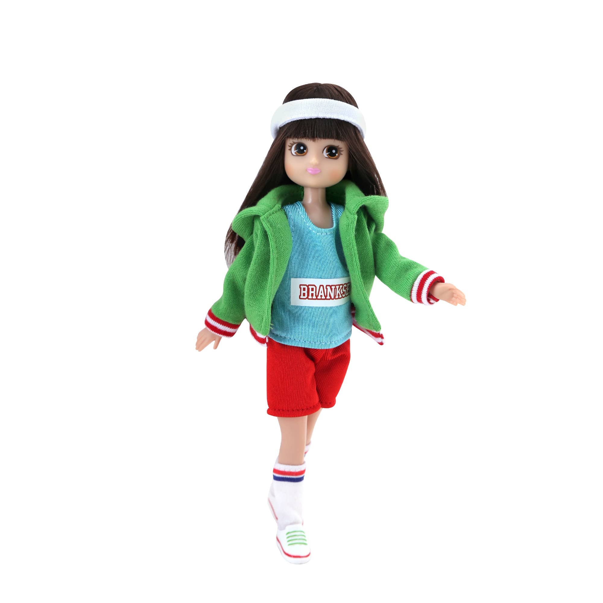 Doll wearing a green jacket, blue shirt, red shorts, and white headband on a white background