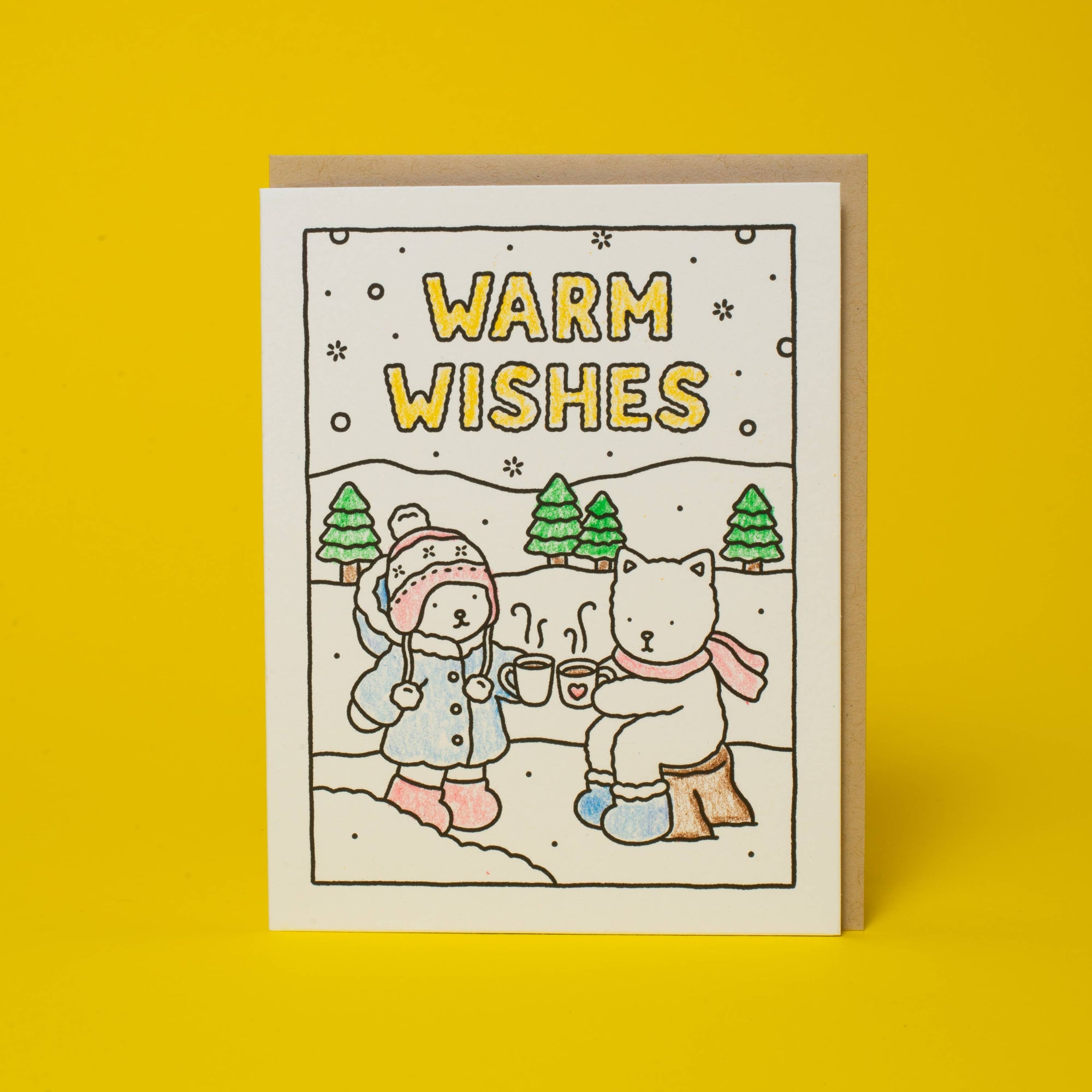 Card with cartoon bears in winter clothing and 'Warm Wishes' text on a yellow background