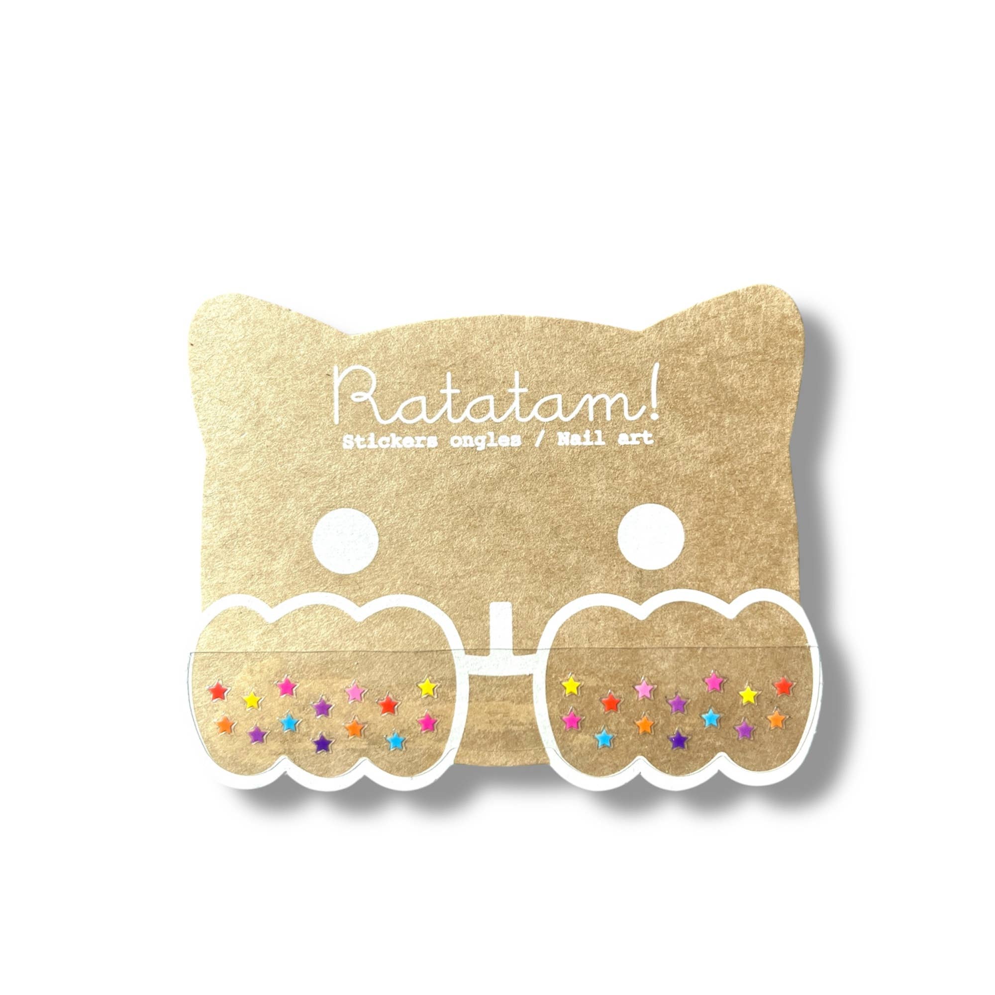 Cat-shaped sticker holder with colorful stars on a white background, featuring the brand 'Ratam'.