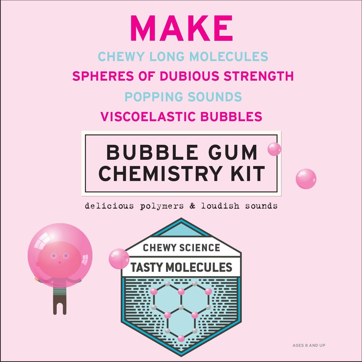 Bubble gum chemistry kit packaging with text and a pink bubble on a light pink background