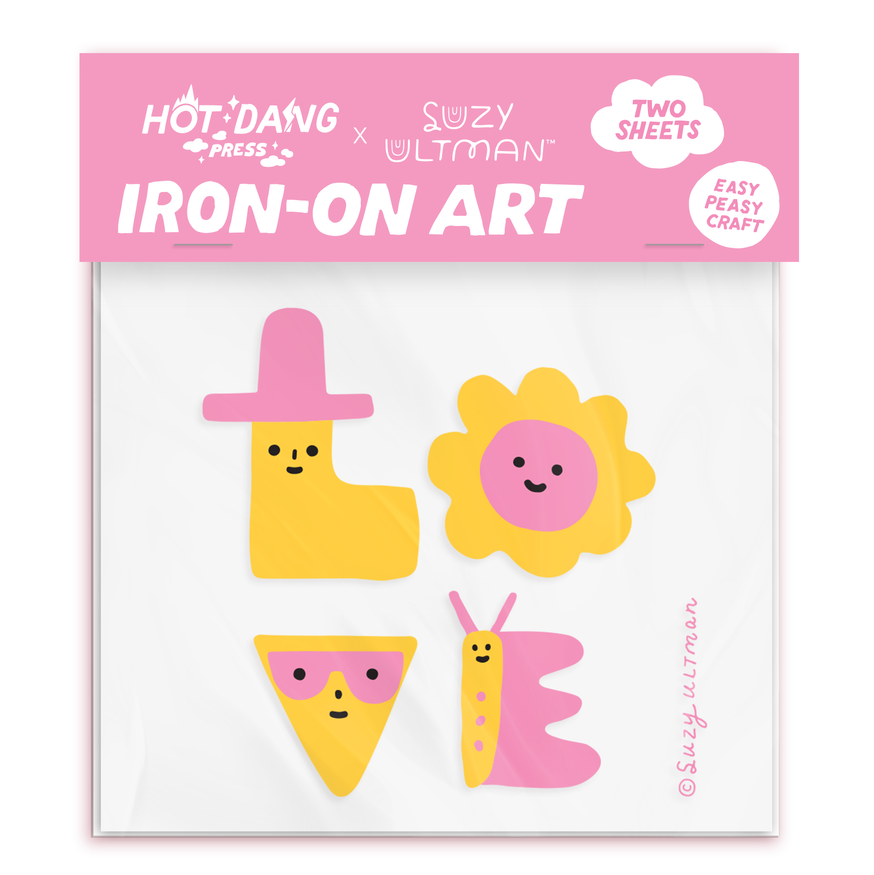 Iron-on art package with cartoon characters on a white background