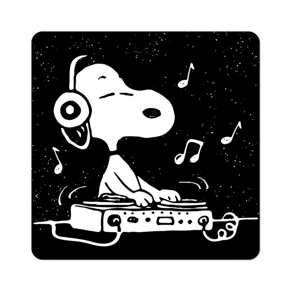 Black and white illustration of a dog with headphones DJing on a turntable against a starry night sky.