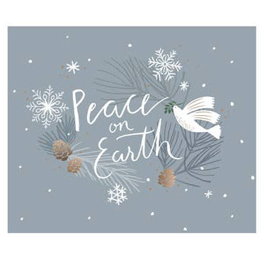 Christmas card with 'Peace on Earth' text, snowflakes, and a dove on a light blue background.