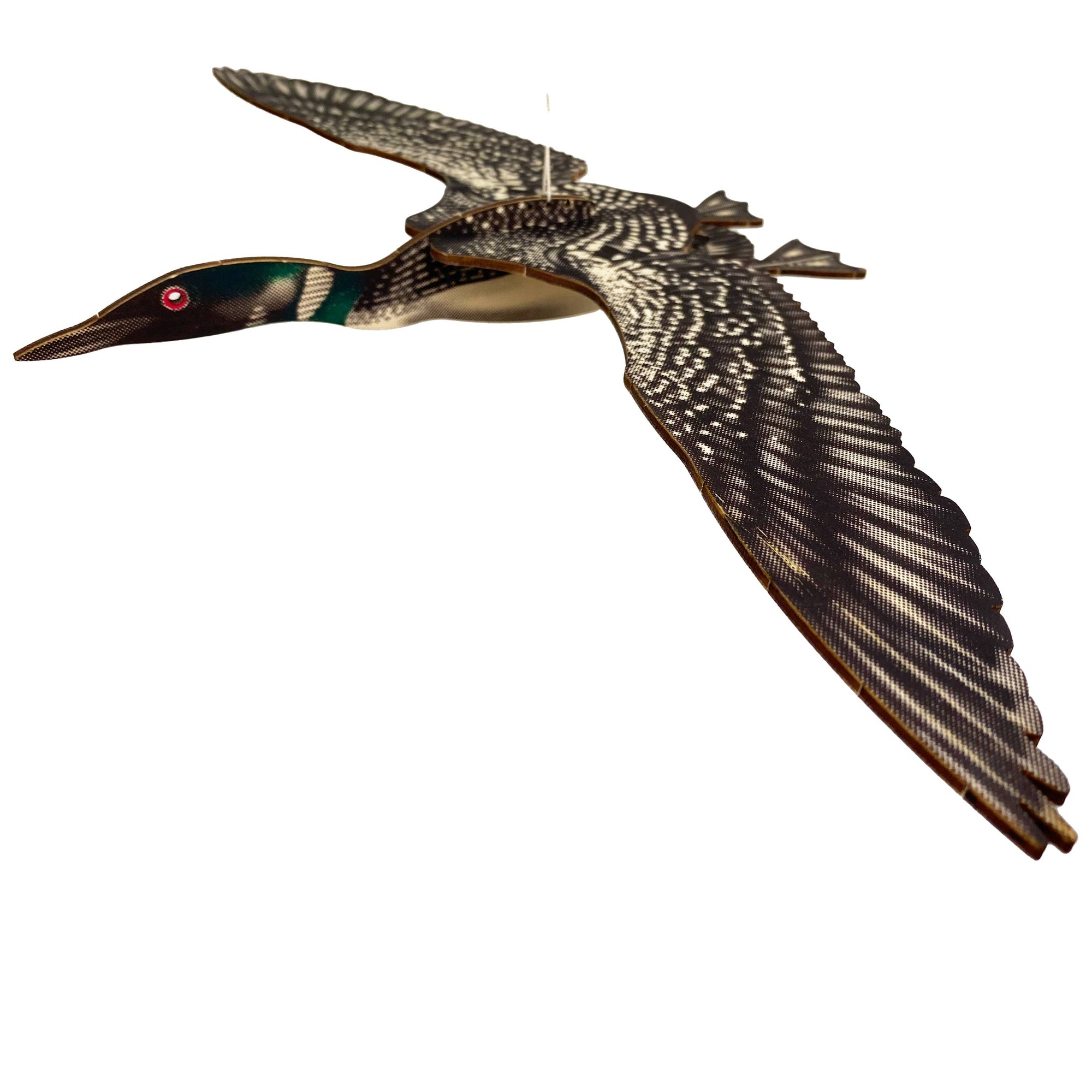 Duck decoy in flight on a white background