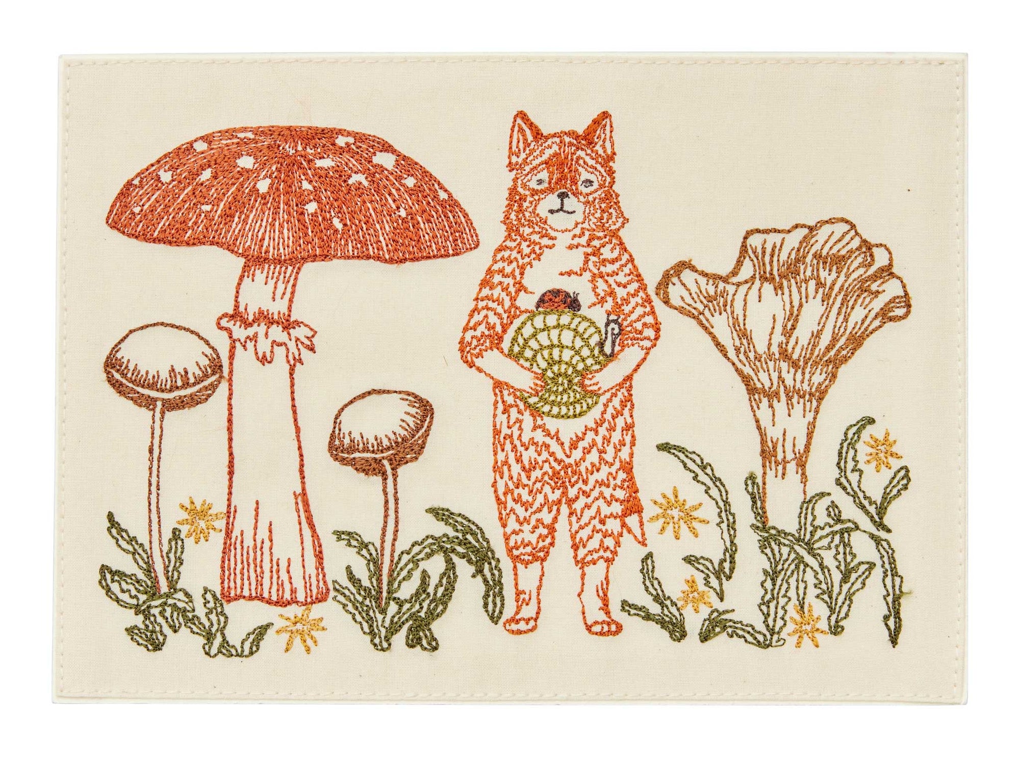 Illustration of a fox holding a snail surrounded by various mushrooms and plants on a beige background