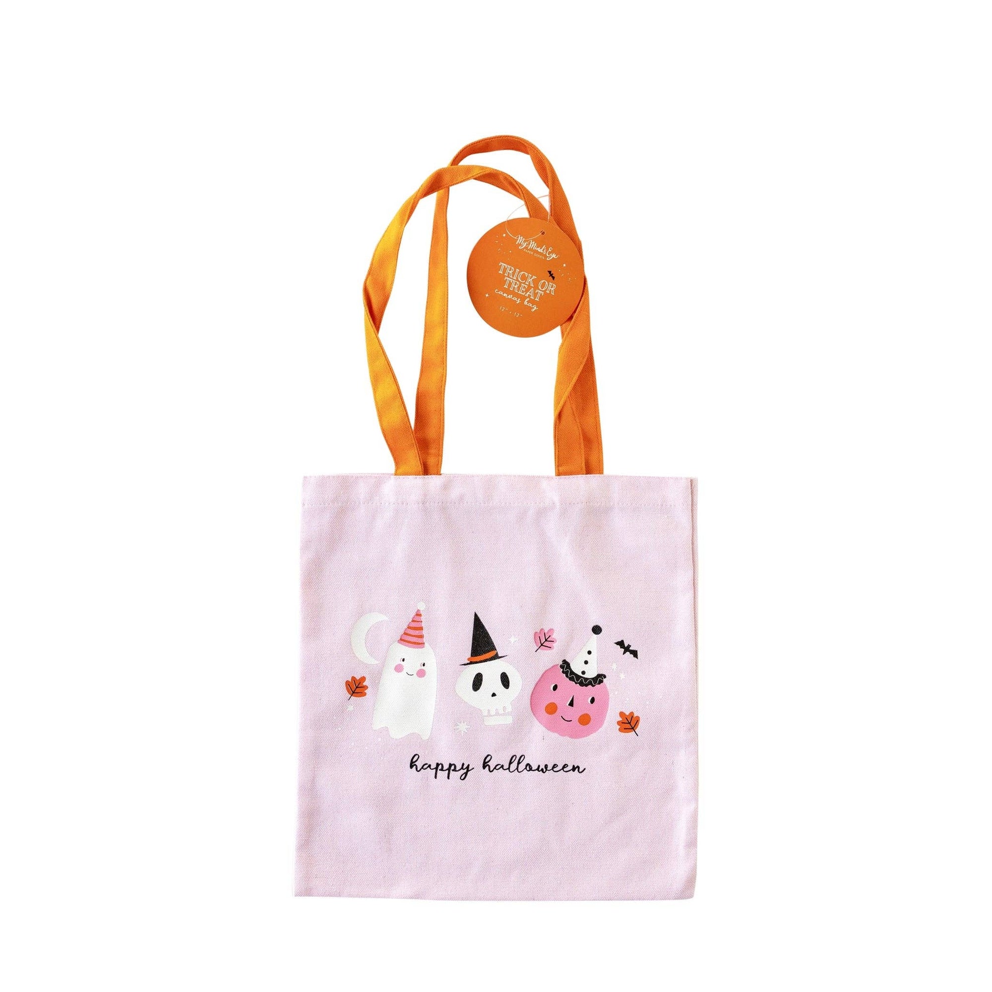 Pink tote bag with Halloween-themed designs and orange handles on a white background