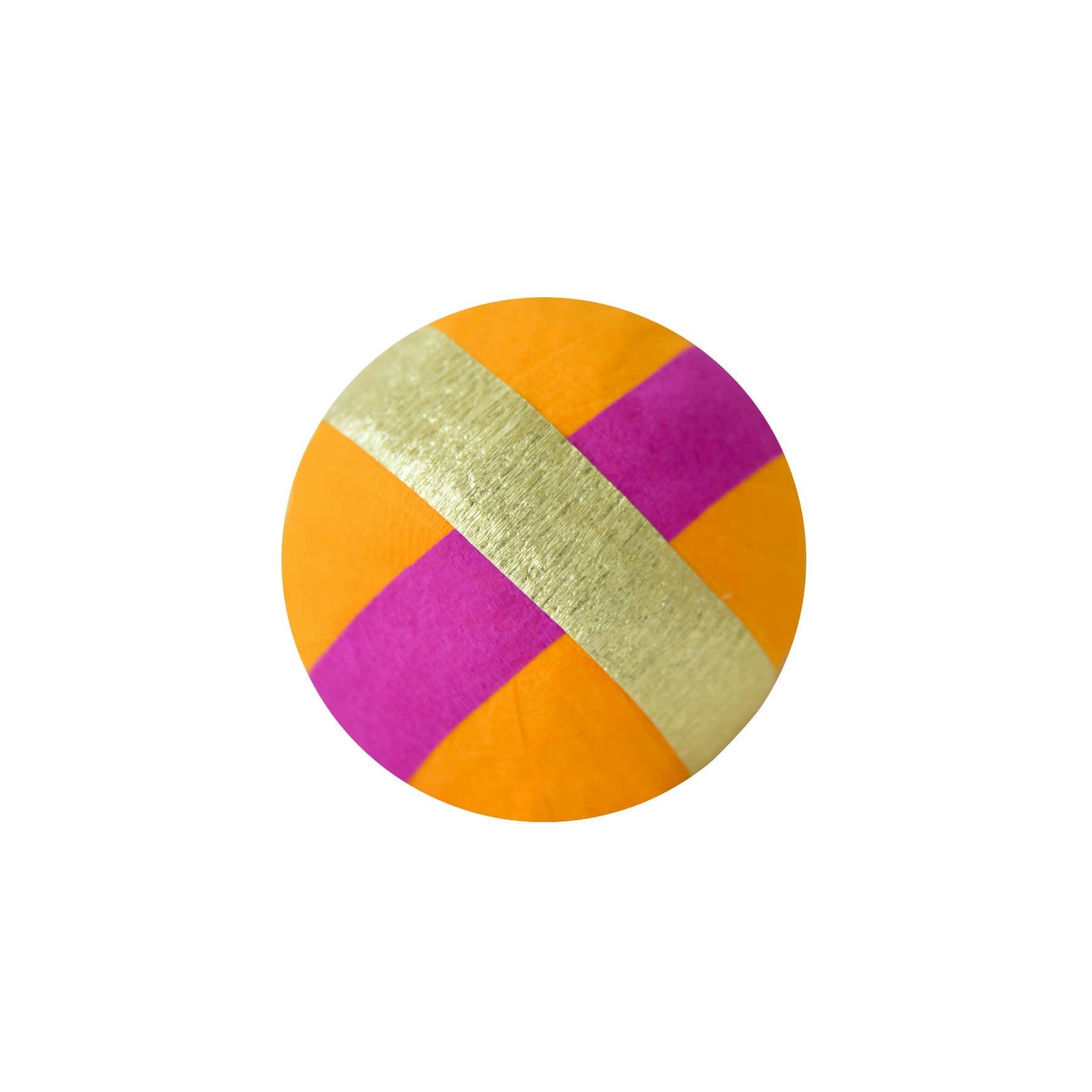 Round surprise ball with orange, pink, and gold colors on a white background
