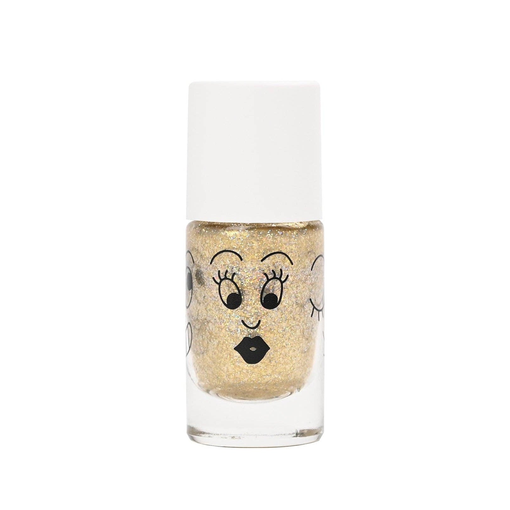 Nail polish bottle with a decorative label featuring a face design on a white background