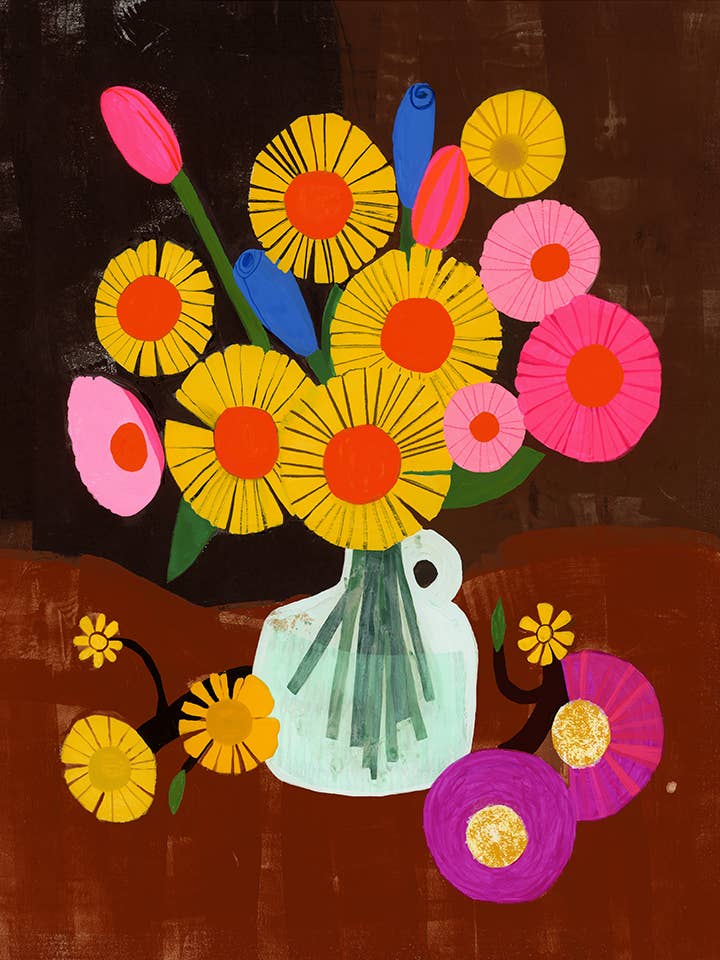 Colorful floral arrangement with a vase on a dark background