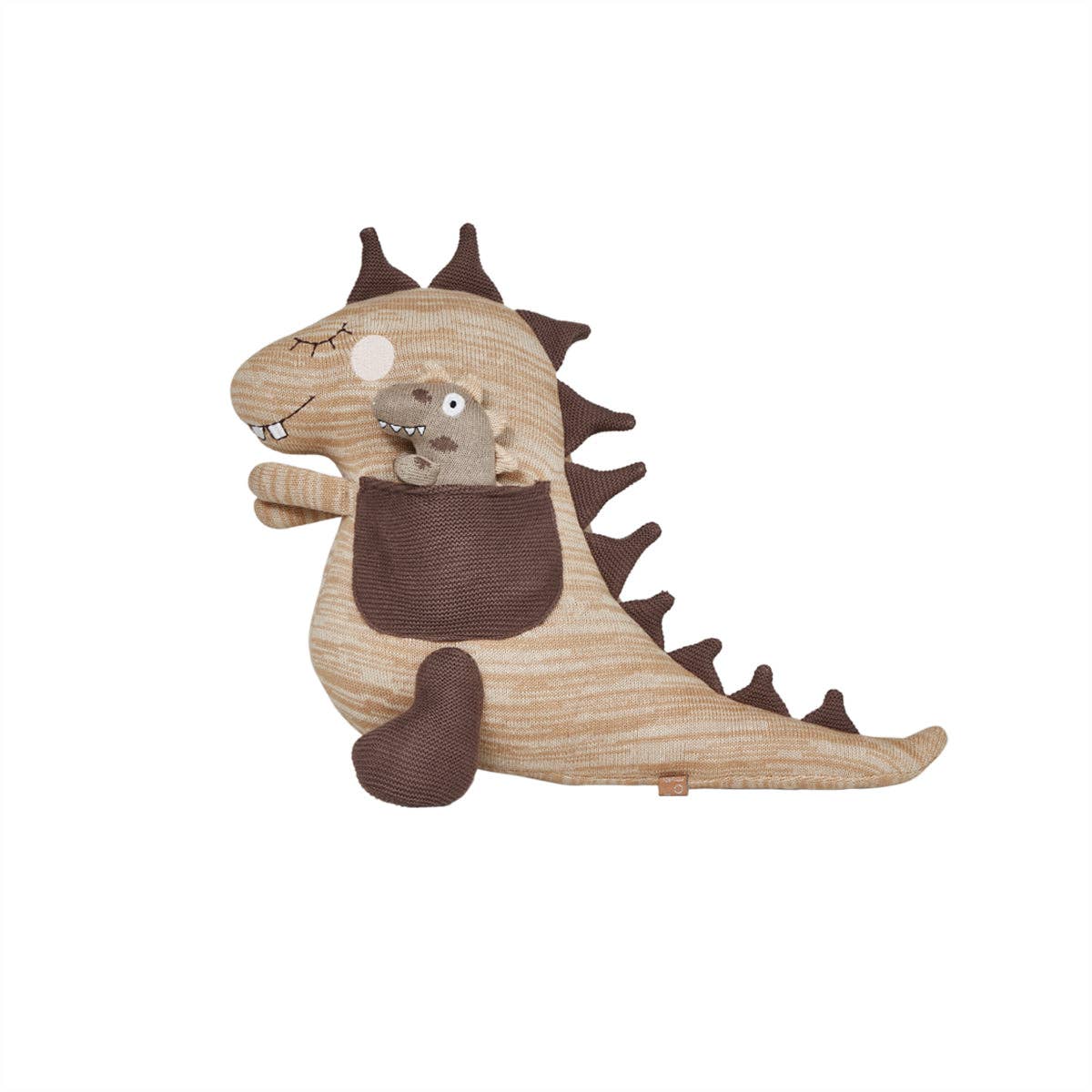 Plush dinosaur toy with brown spikes on a white background