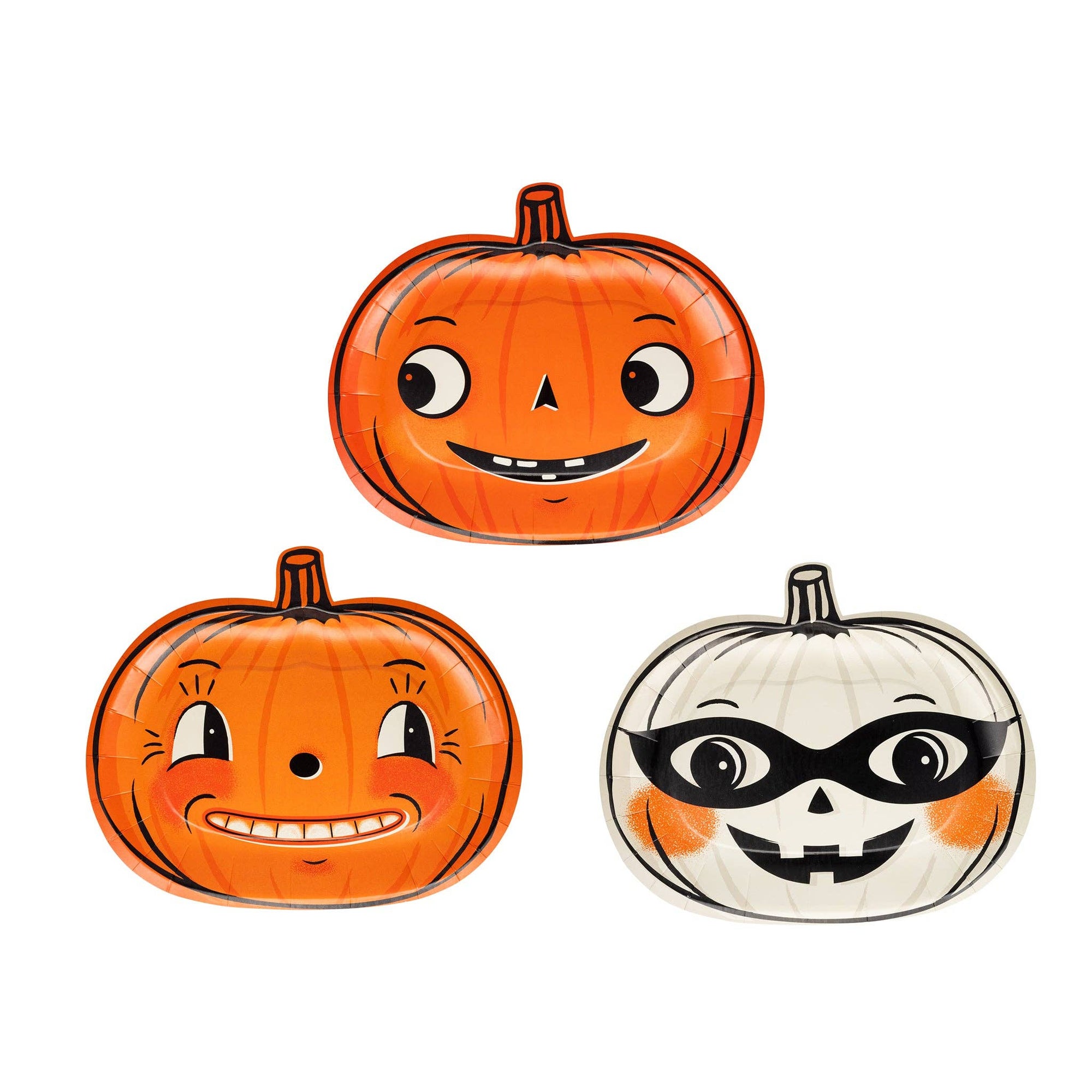 Three Halloween-themed pumpkins with different designs on a white background