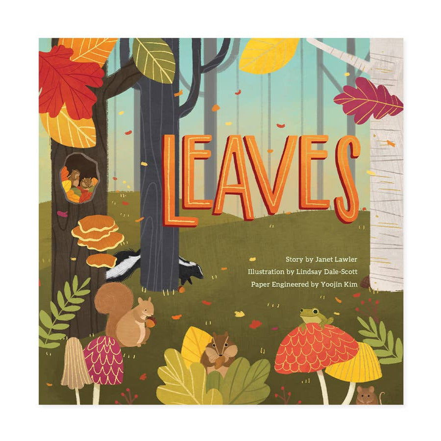 Book cover of 'Leaves' with autumn-themed illustrations and colorful text.