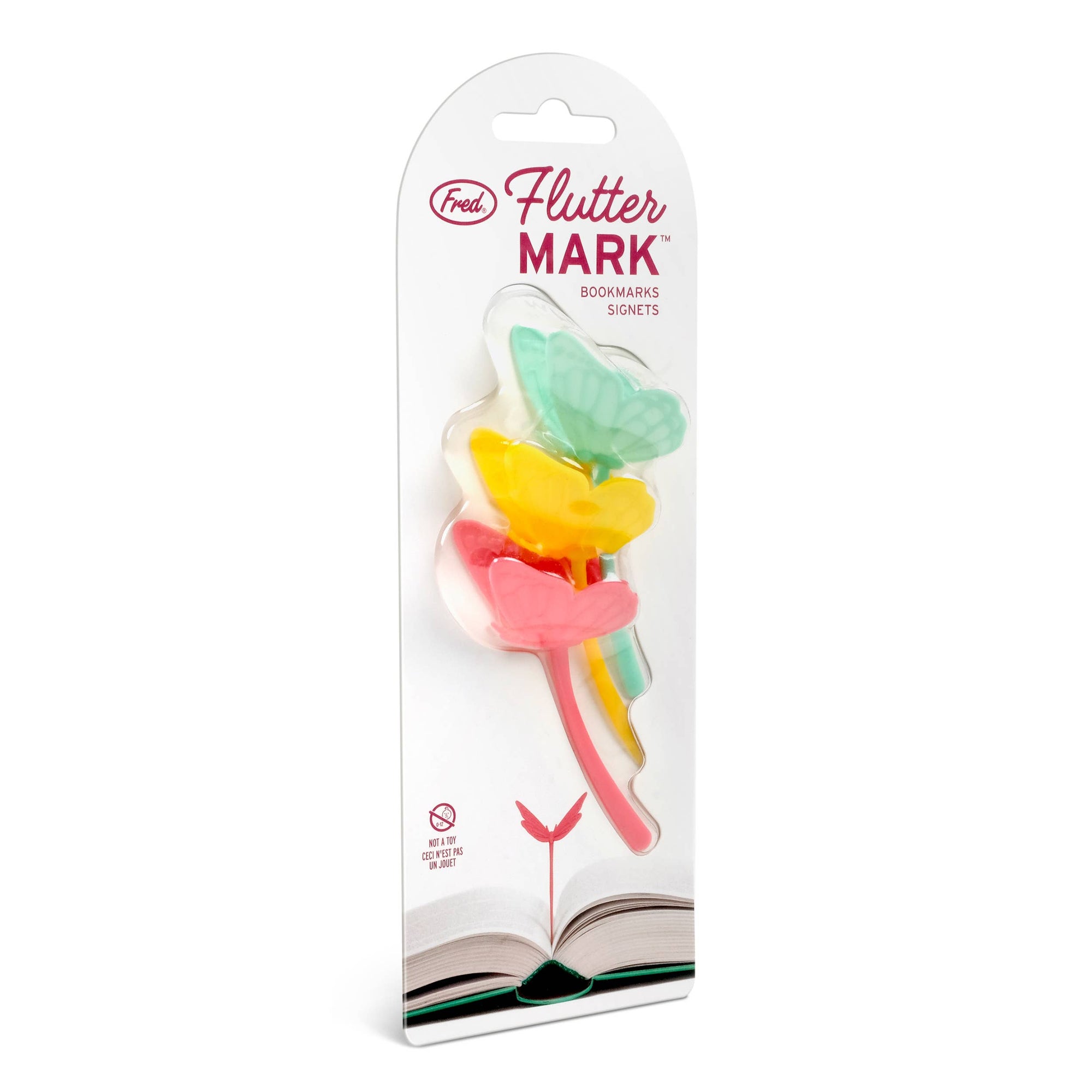 Packaged Flutter Mark bookmarks with colorful butterfly designs on a white background