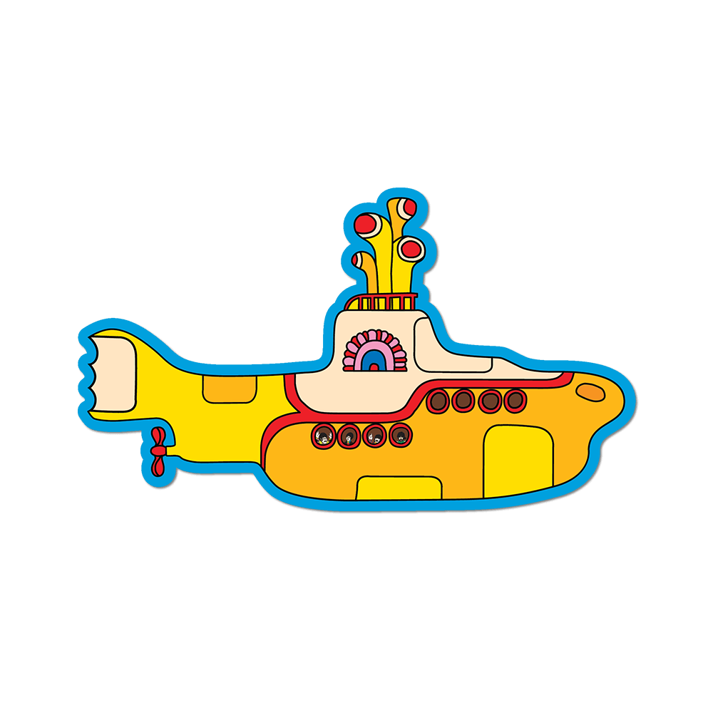Colorful illustration of a yellow submarine on a black background