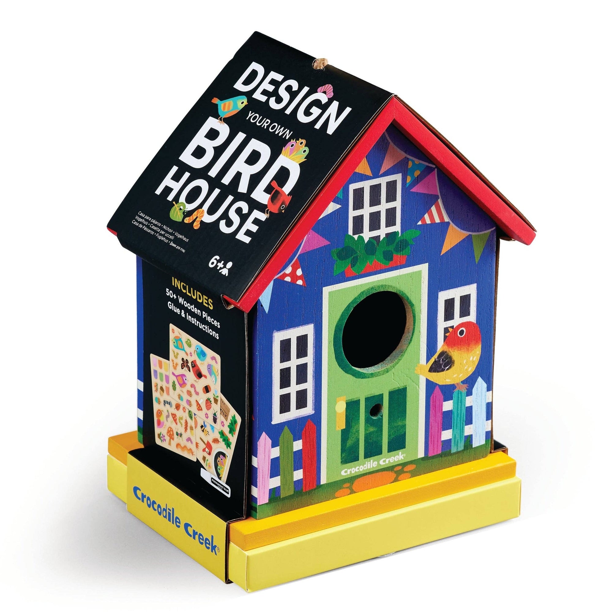 Design your own birdhouse kit packaging with colorful birdhouse illustration on a white background